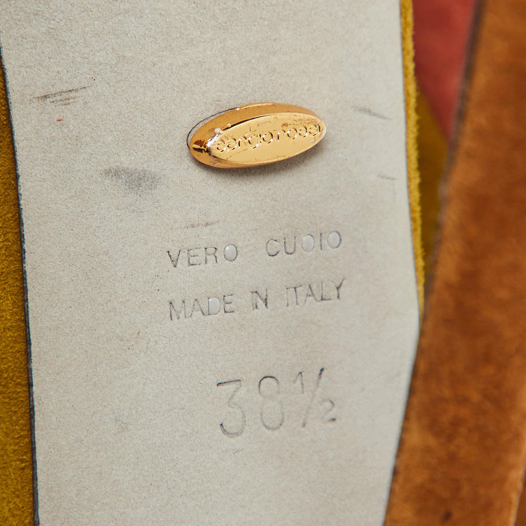 Sergio Rossi Sandales à lanières à talons compensés en daim tricolore, taille 38,5 en vente 3
