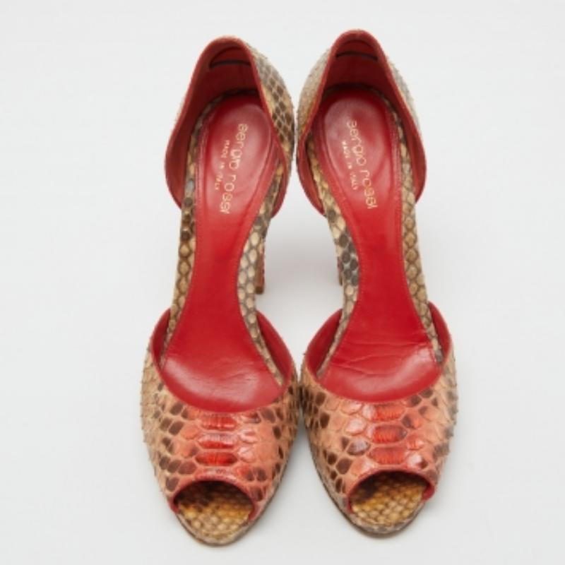 Sergio Rossi Tricolor Python Peep Toe Plattform D'orsay Pumps Größe 38.5 (Braun) im Angebot