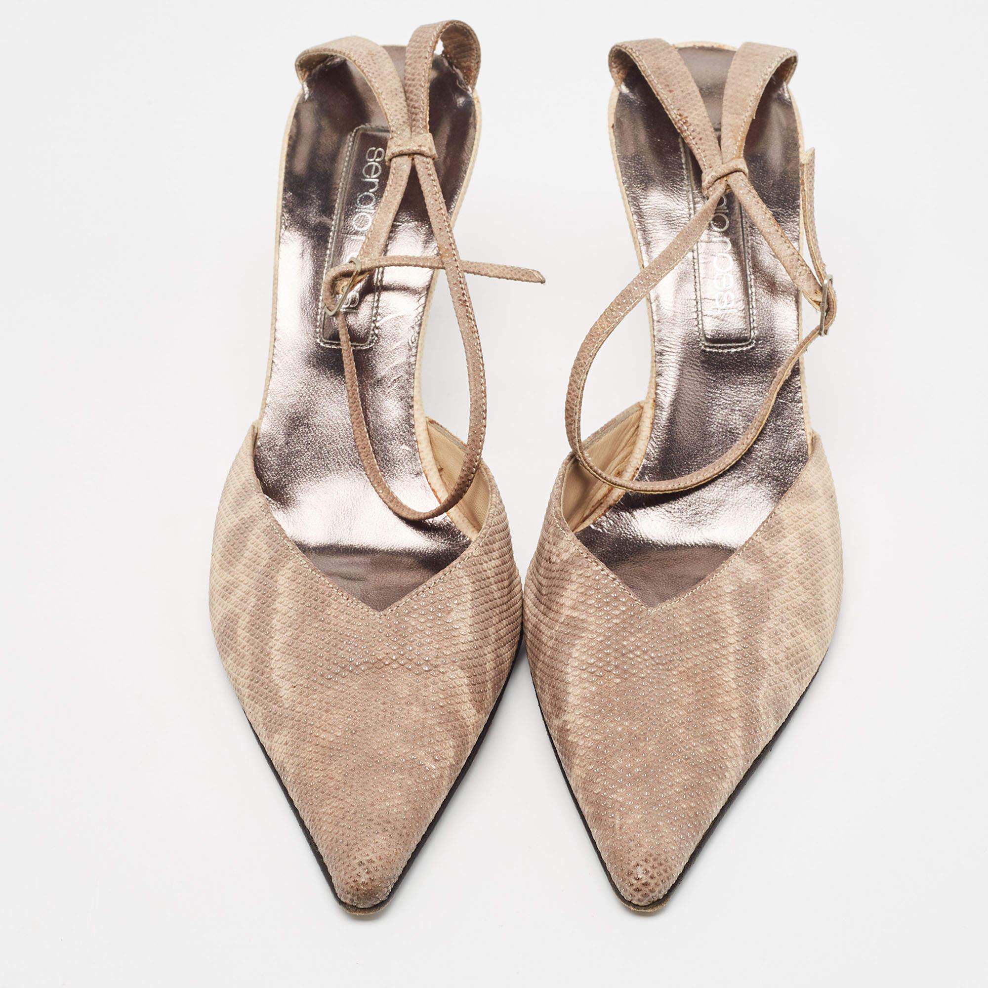 Beige Sergio Rossi escarpins à lanières à la cheville en cuir texturé deux tons, taille 38 en vente