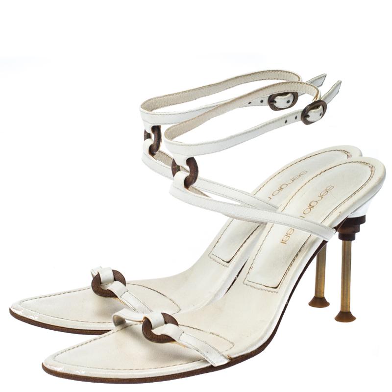 Gray Sergio Rossi White Leather Ankle Strap Sandals Size 36.5 For Sale
