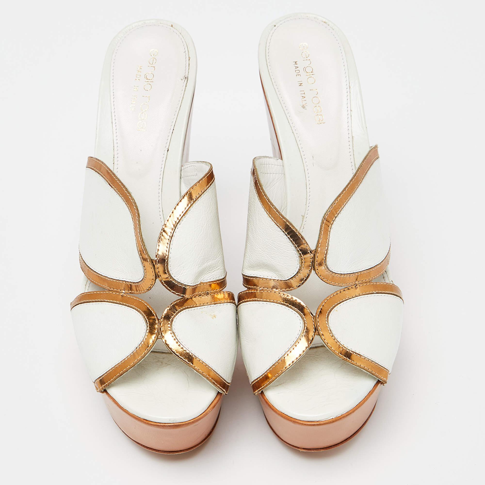 Brown Sergio Rossi White Leather Wooden Platform Slide Sandals Size 38