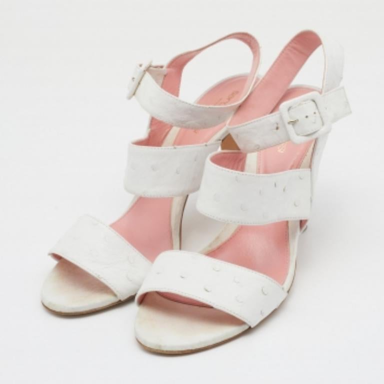 Sergio Rossi Weiß Straußenleder Riemchensandalen Größe 39 (Grau) im Angebot