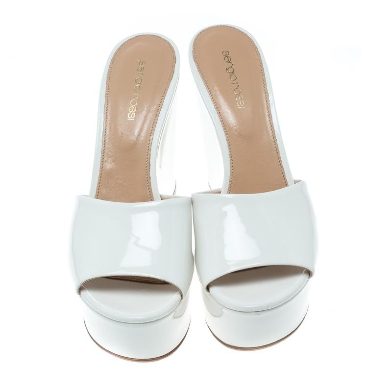 Gray Sergio Rossi White Patent Leather Lakeesha Wedge Slides Size 39