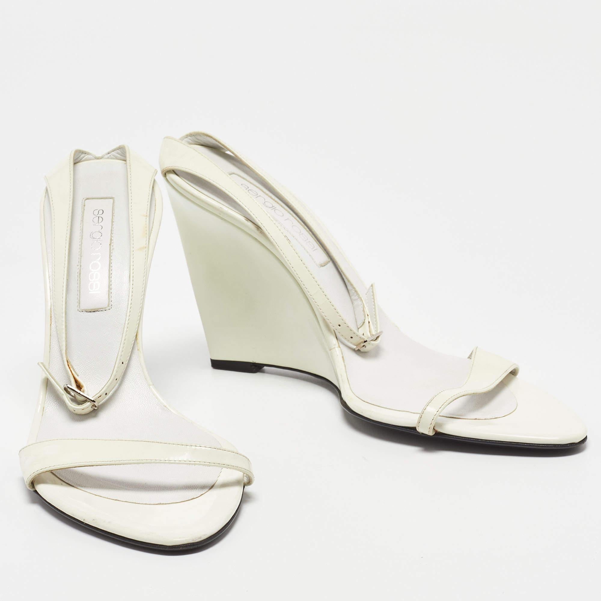 Sergio Rossi White Patent Leather Wedge Sandals Size 39.5 For Sale 1