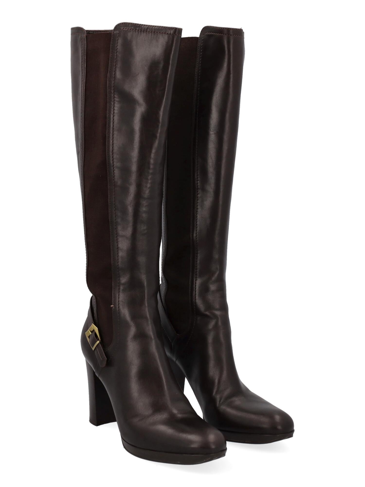 Product Description: Boots, leather, solid color, knee-length, gold-tone hardware, round toe, branded insole, block heel, high heel

Includes: N/A

Product Condition: Very Good
Heel: visible marks. Upper: visible wrinkle.

Measurements: 
Height: 10