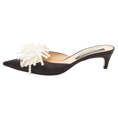 Sergio Rossi x Rosie Assoulin Black Satin Pearl Embellished Mules Size 39.5