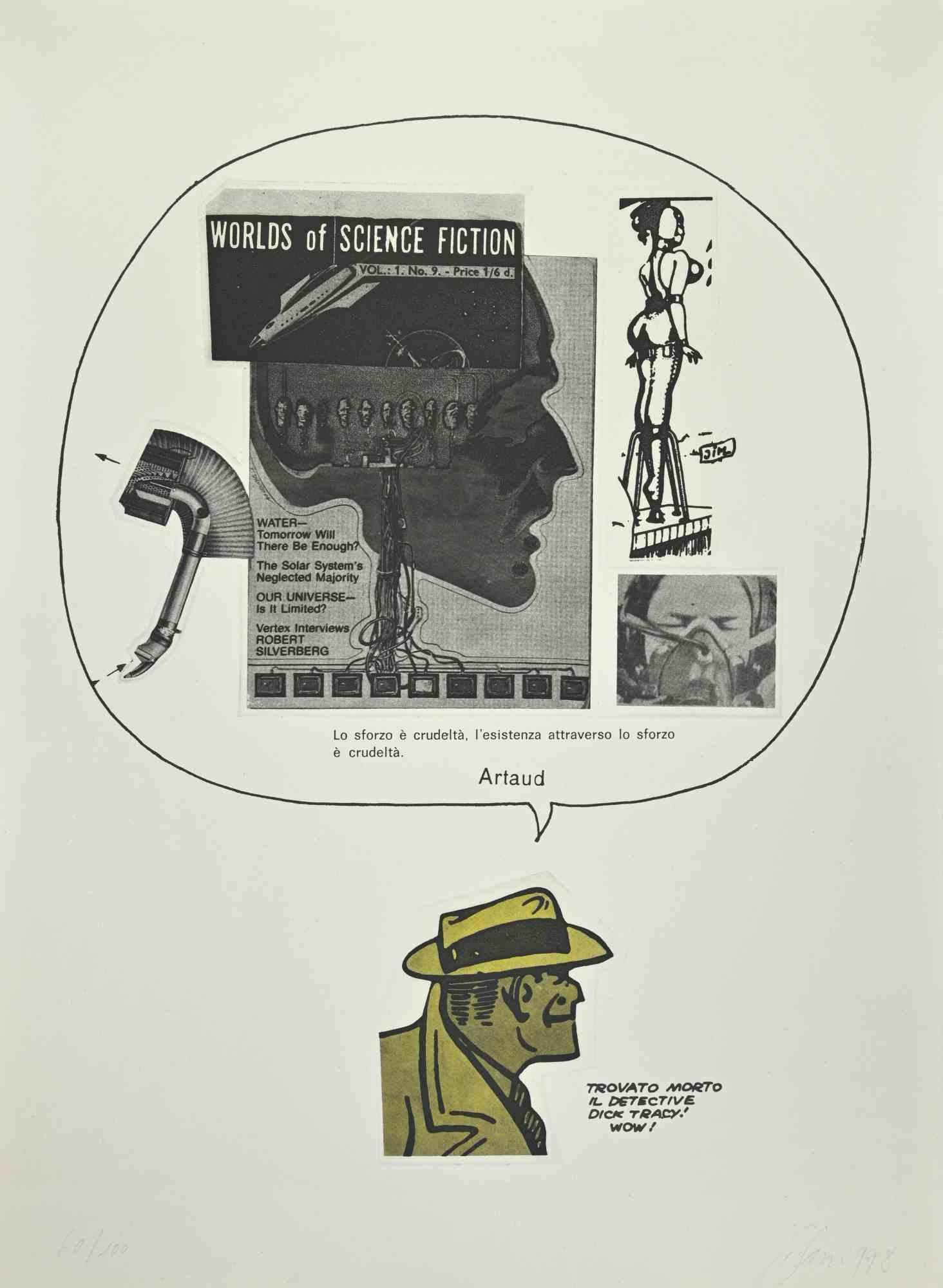 Science Fiction  is an artwork realized by Sergio Sarri  in  1978 .

Colored lithograph and etching on paper.

Hand-signed and dated by the artist on the lower right. Numbered on lower left. Edition 64/180.

Good conditions, except for some very