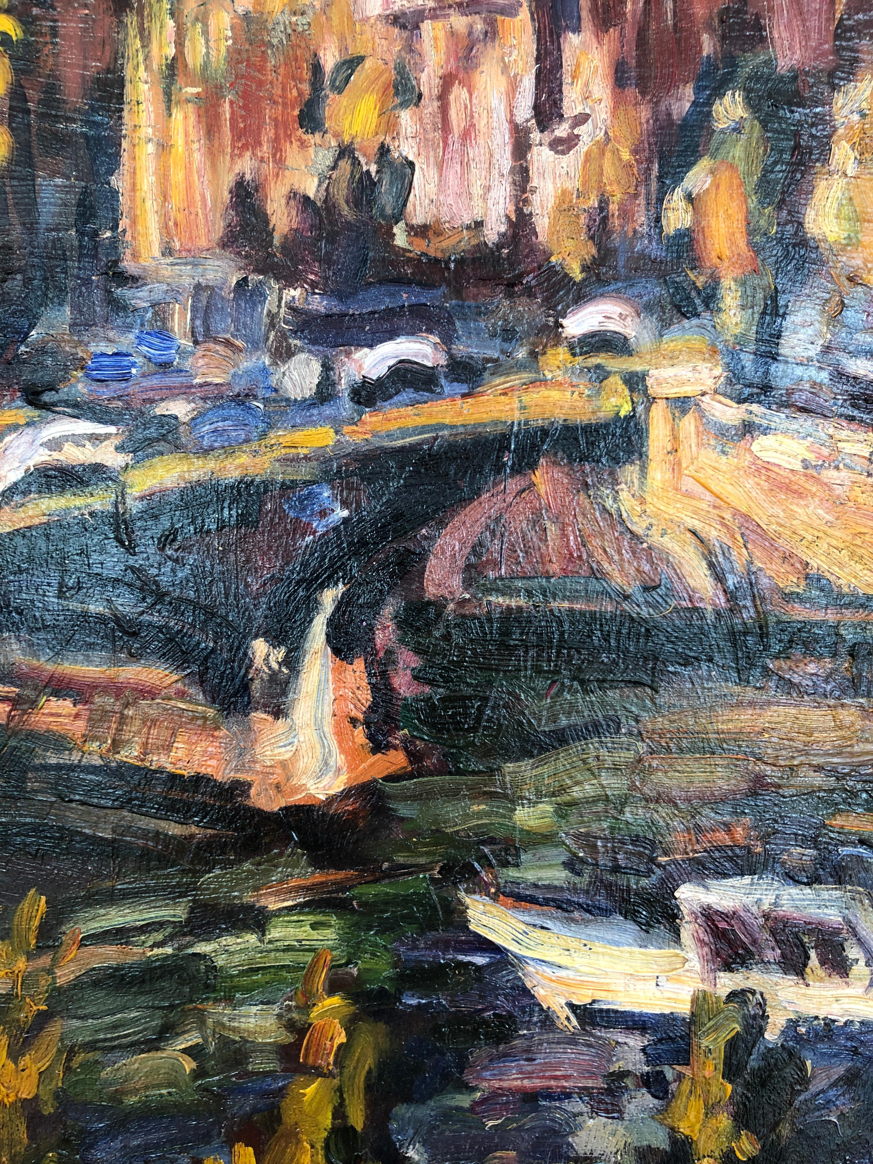 Trabajo sobre cartón
Marco de madera dorada
80,5 x 102 x 4 cm
Este sorprendente cuadro representa una pintoresca vista del bullicioso París a orillas del Sena. La técnica pictórica empleada, con pinceladas audaces y colores vibrantes, confiere