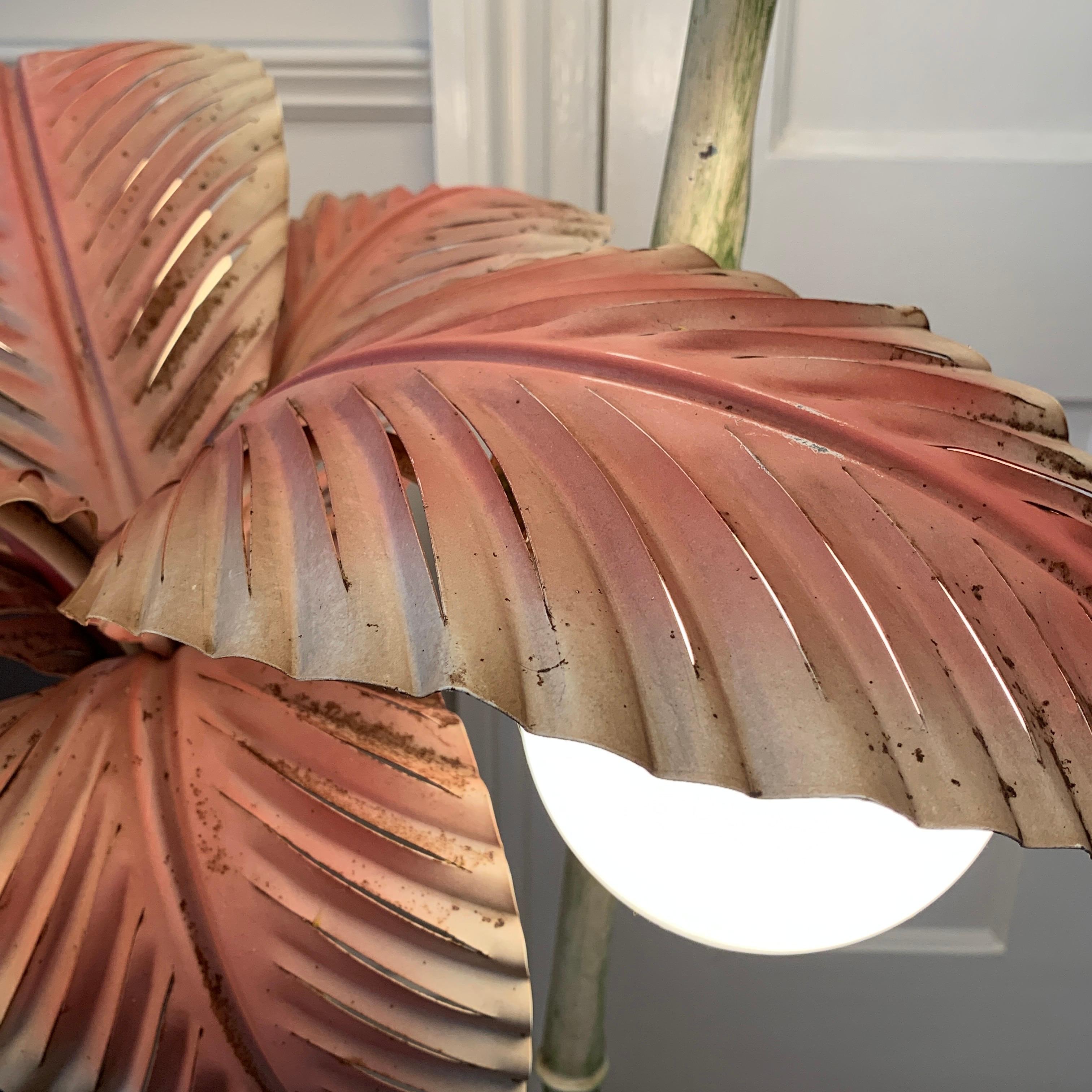 Absolutely breathtaking Palm Tree floor lamp, designed by Sergio Terzani in the 1970's. This huge scale lamp is in one of the rarest and most desirable rosa e verde (pink and green) naturalistic finishes, the sweeping, serrated large leaves of each