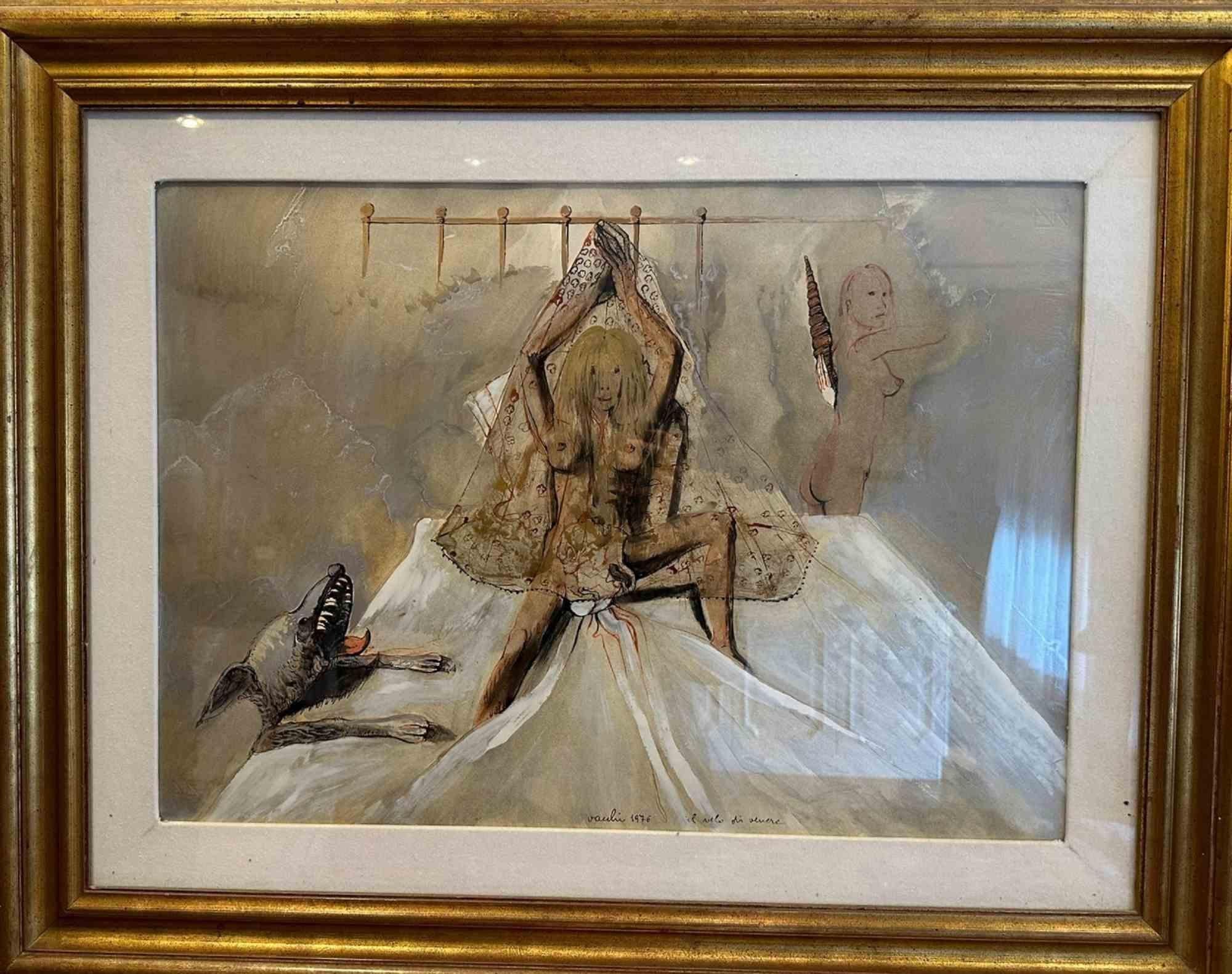 The Venus Veil is an oil painting on canvas realized by Sergio Vacchi in 1976.

Hand-signed, titled, and dated on the bottom. Including a golden frame. Frame dimensions: 76x96 cm.

Very good conditions.