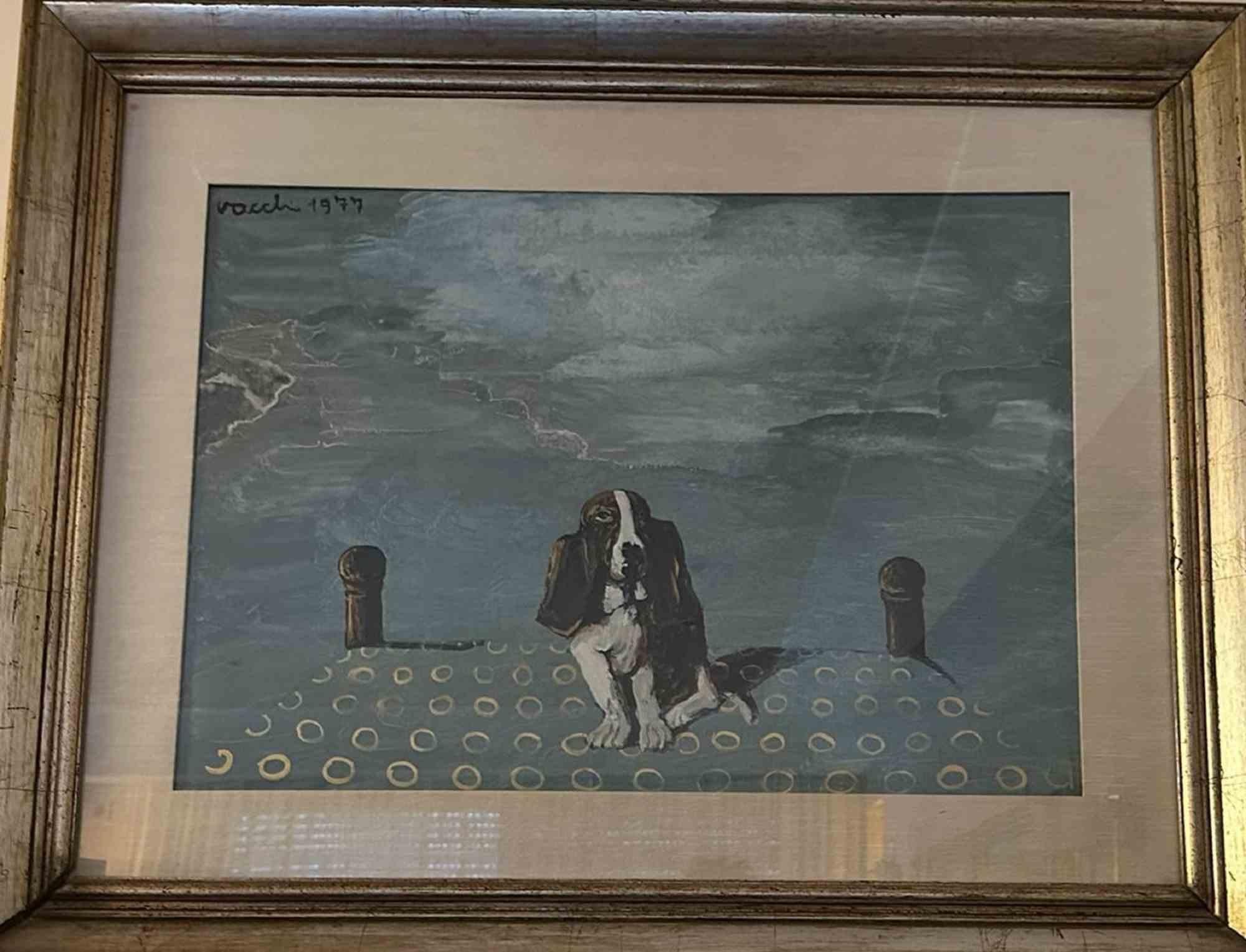 Dog is an original oil painting on canvas realized by Sergio Vacchi in 1977.

Hand-signed and dated on the top left. Including a golden frame. Frame dimensions: 76x97 cm.

Very good conditions.