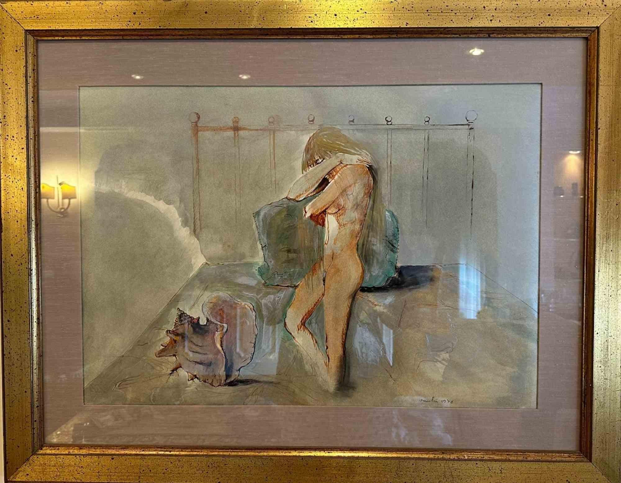 Woman with Shell is an oil painting on canvas realized by Sergio Vacchi in 1976.

Hand-signed and dated on the bottom. Including a golden frame. Frame dimensions: 75x93 cm.

Very good conditions.