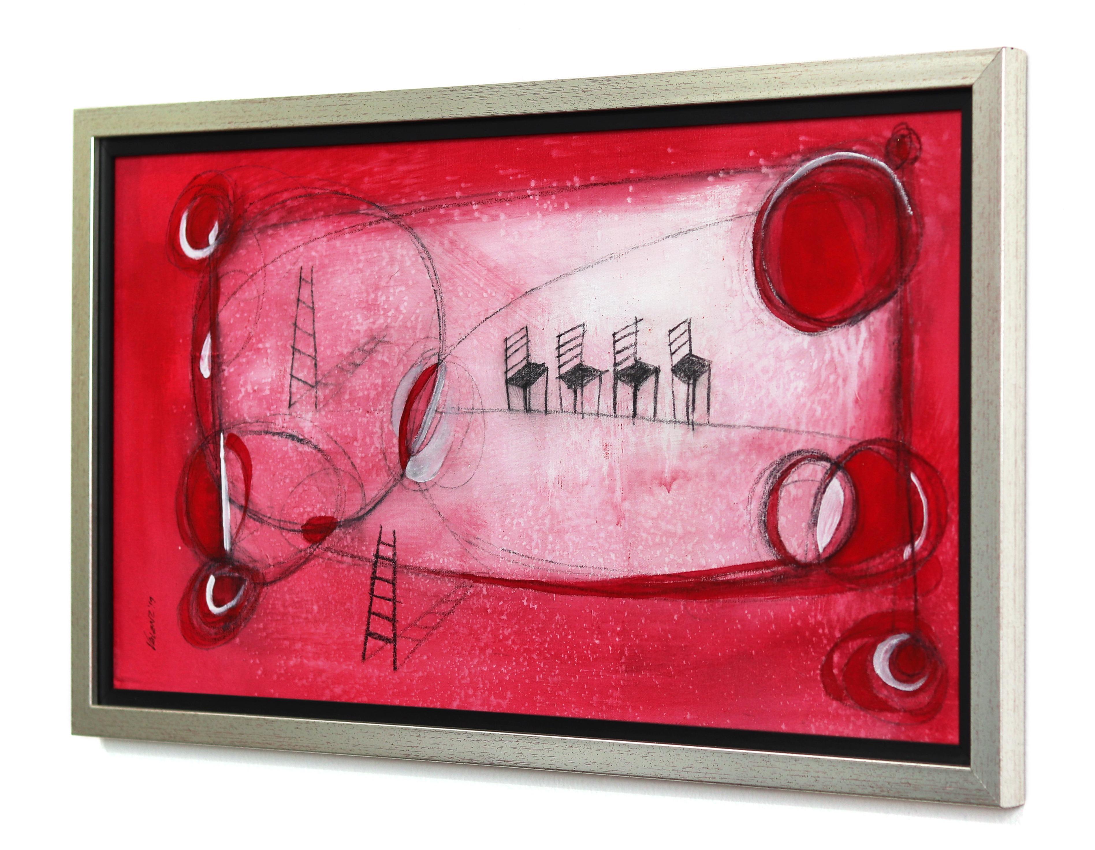 Paisaje Feliz 1 - Rojo Obra de Arte Figurativa Abstracta Contemporánea Original - Figurative Painting Rosa de Sergio Valenzuela