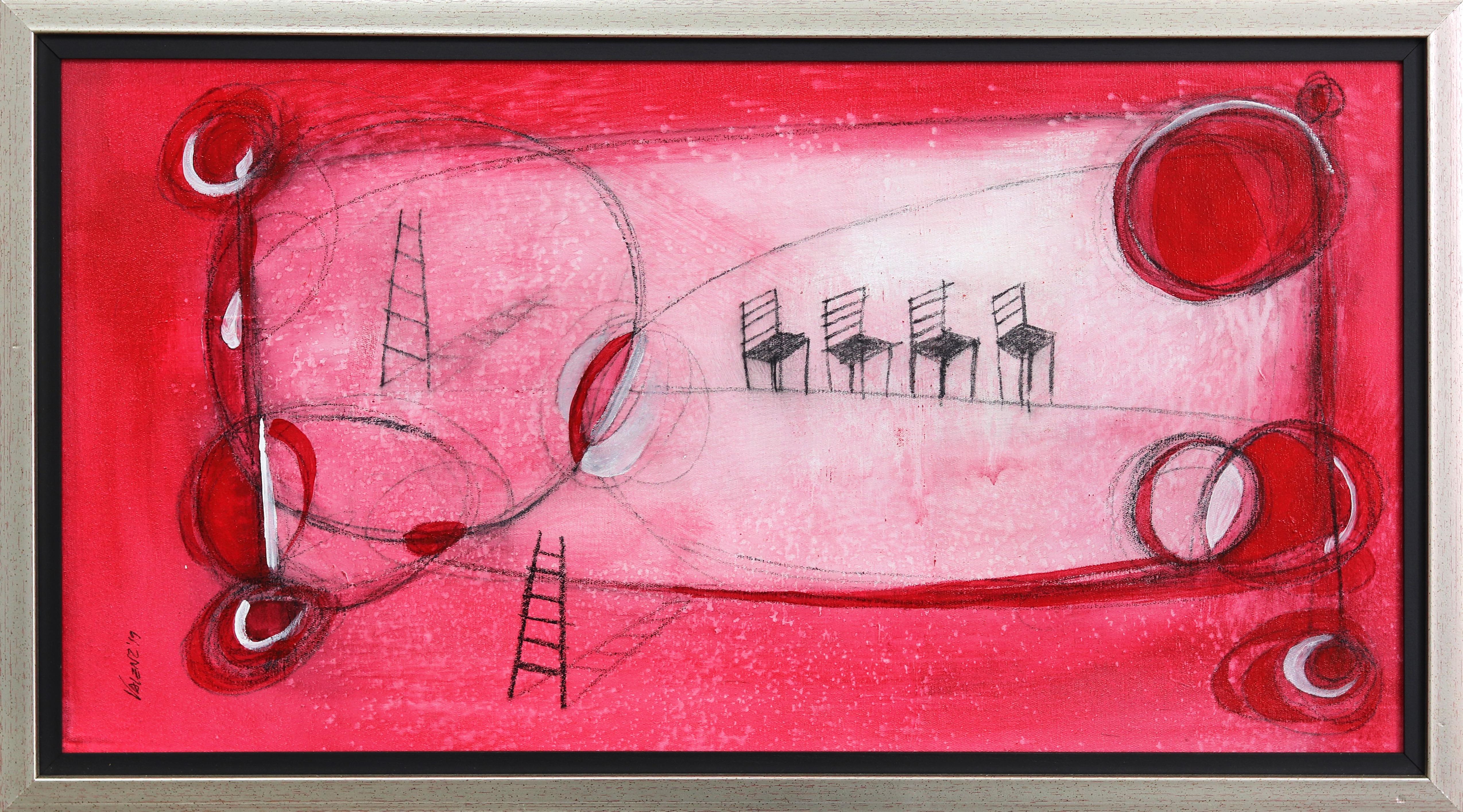 Figurative Painting de Sergio Valenzuela - Paisaje Feliz 1 - Rojo Obra de Arte Figurativa Abstracta Contemporánea Original
