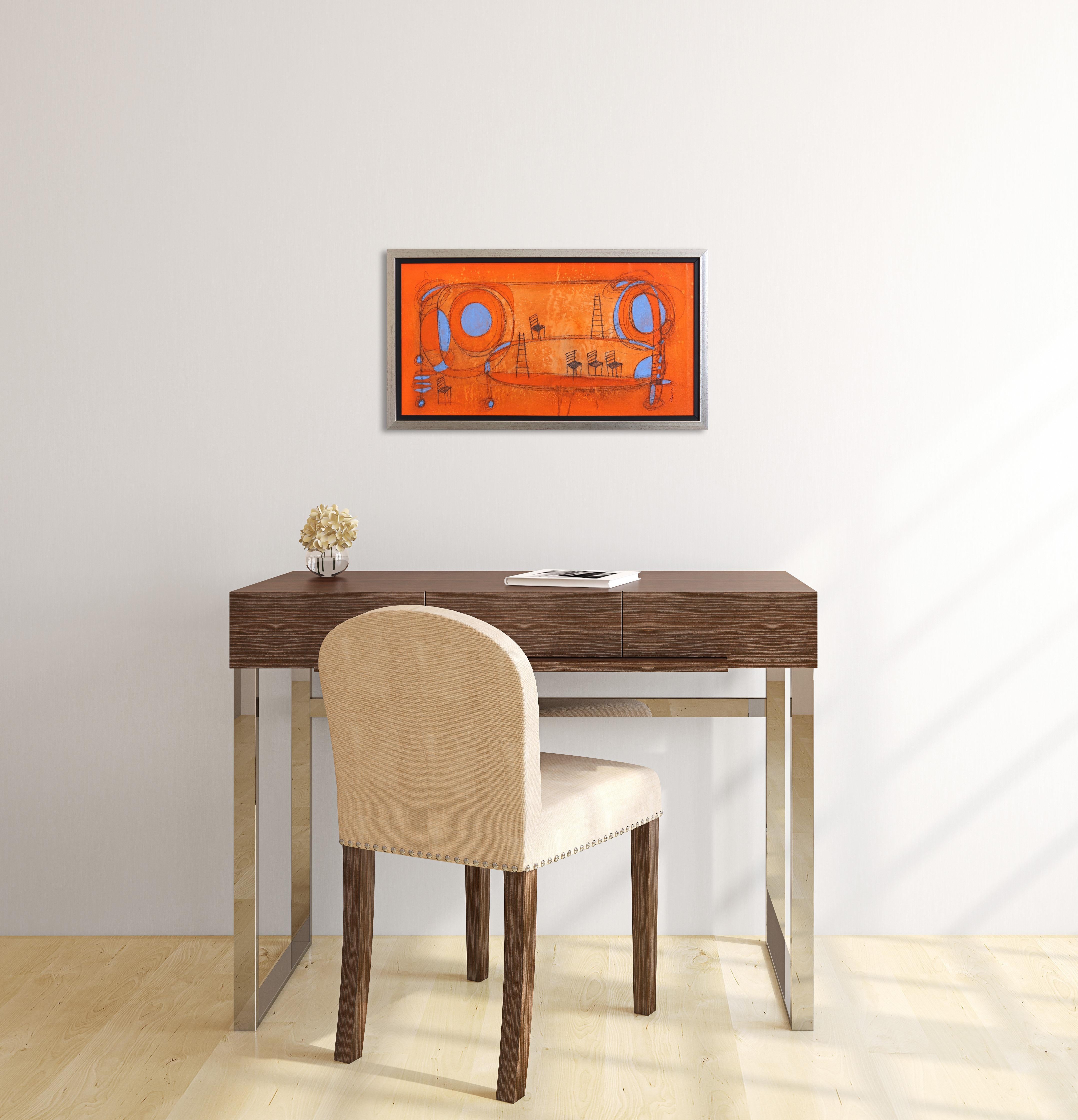 Happy Landscape 3 - Framed Original Orange Acrylic and Graphite on Canvas - Painting by Sergio Valenzuela