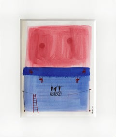 Serie Dibujos Felices 10 - Obra Original en Acuarela y Tinta Rojo Azul sobre Papel