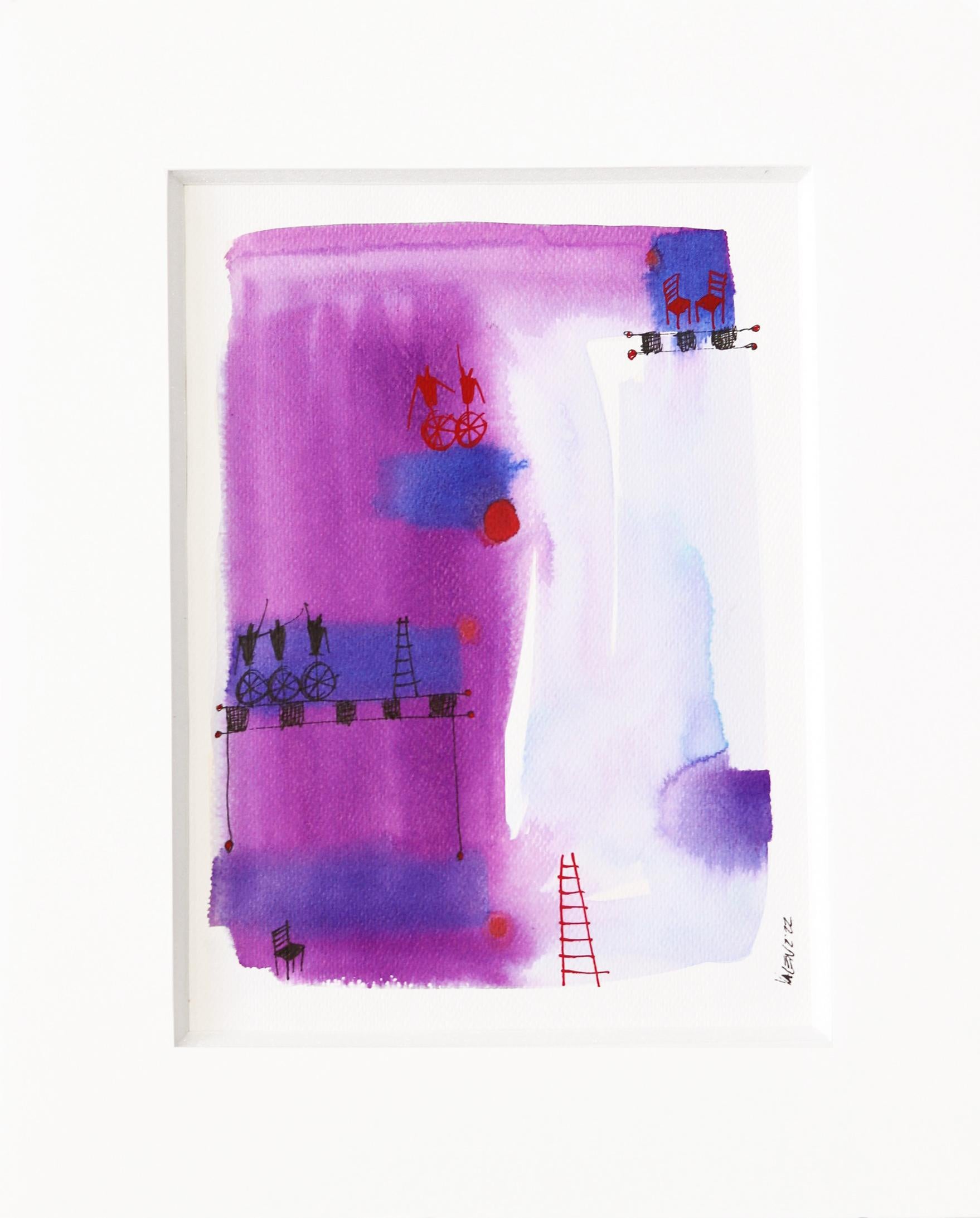 Serie Dibujos Felices 3 - Original Purple Watercolor and Ink Artwork on Paper For Sale 1