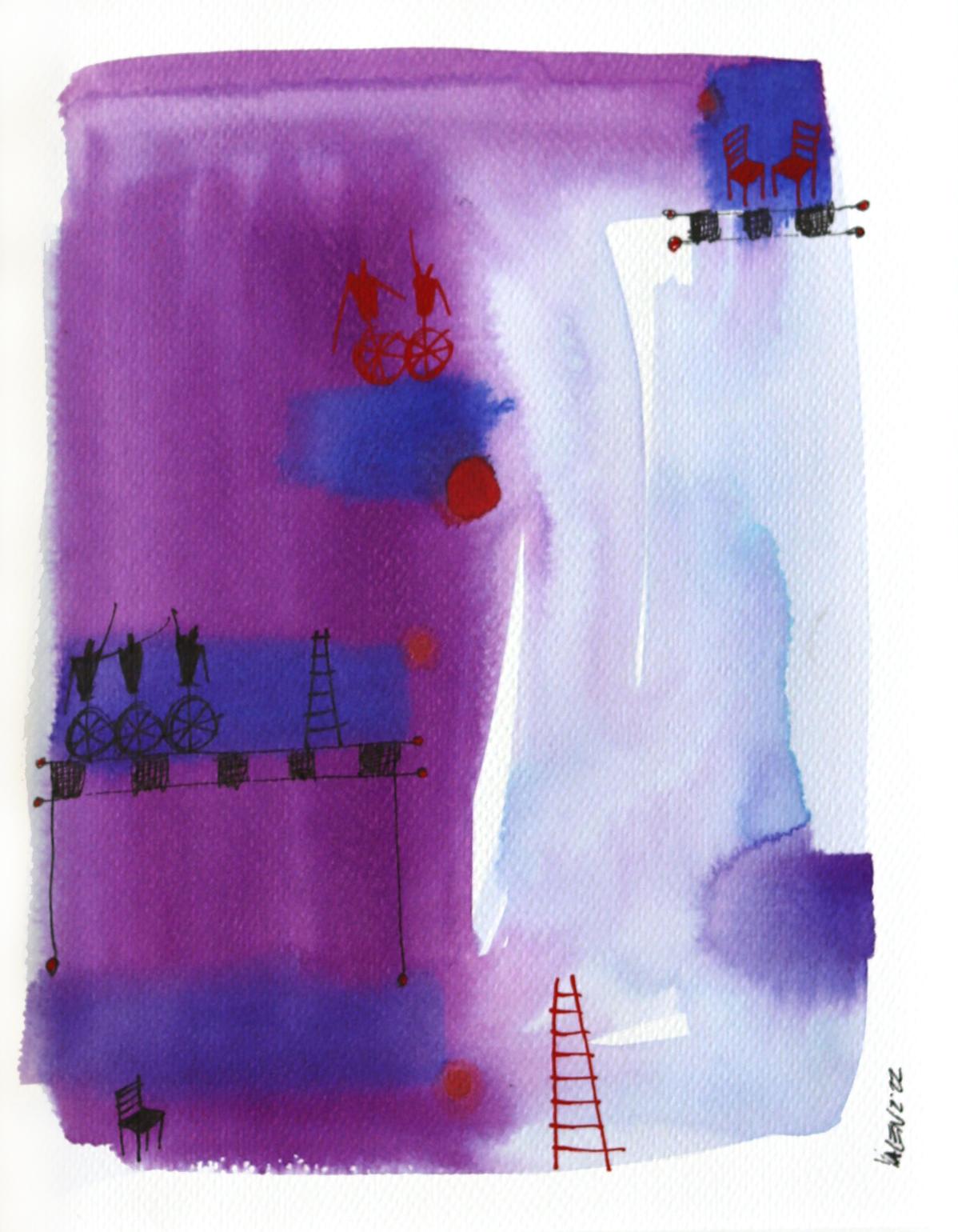 Sergio Valenzuela Abstract Painting - Serie Dibujos Felices 3 - Original Purple Watercolor and Ink Artwork on Paper