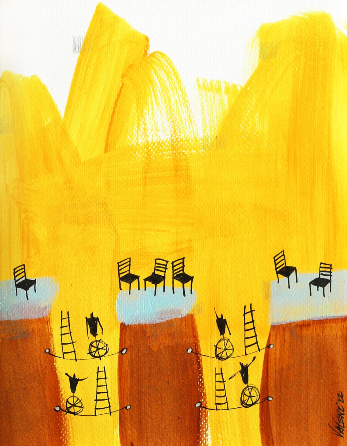 Sergio Valenzuela Abstract Painting - Serie Dibujos Felices 5 - Original Yellow Watercolor and Ink Artwork on Paper