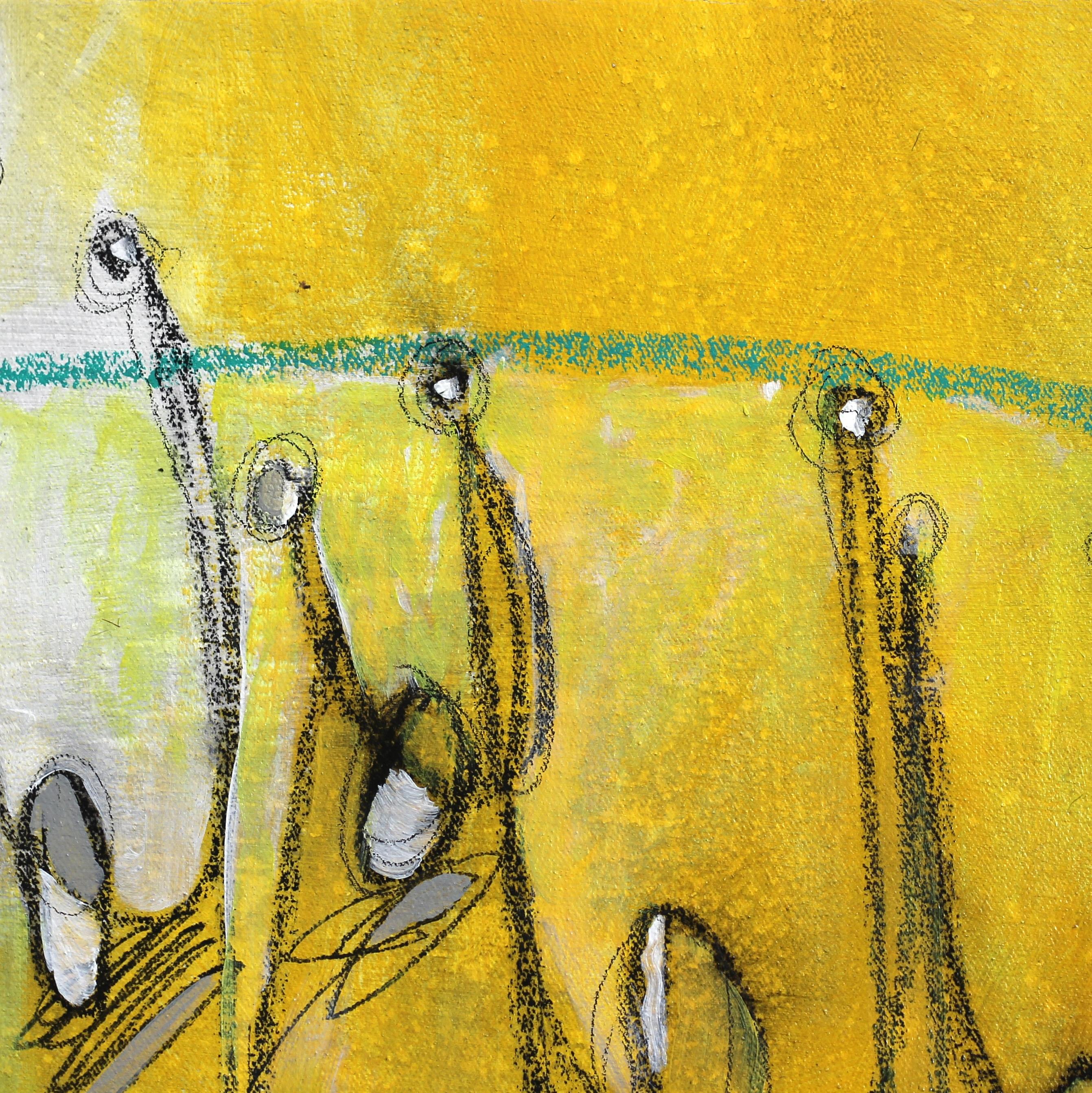 Sunshine Crowd - Original Yellow Watercolor and Ink Artwork on Paper - Beige Abstract Painting by Sergio Valenzuela