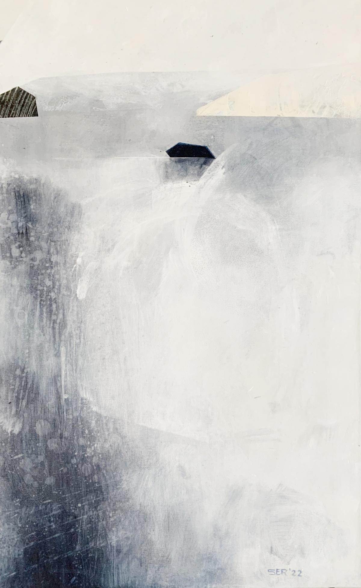 Étang de la chenille noire, neige. Paysage abstrait, peinture acrylique, art polonais - Painting de Sergiusz Powałka