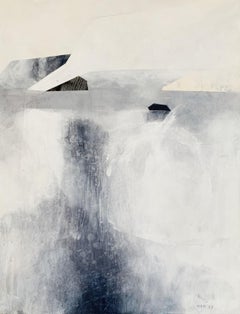 Étang de la chenille noire, neige. Paysage abstrait, peinture acrylique, art polonais