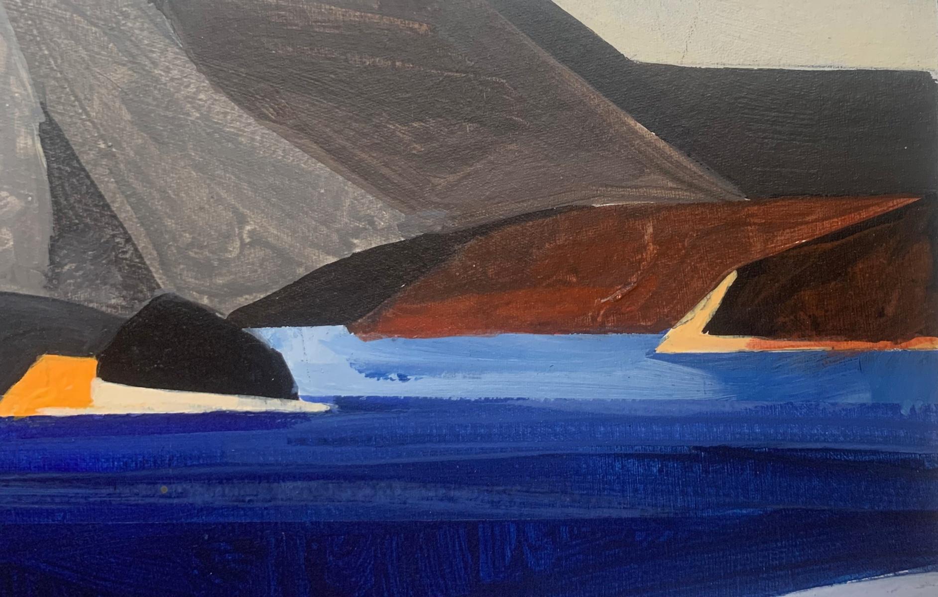 Great Caterpillar Pond Paysage abstrait, peinture acrylique, Tatra Mountains - Violet Landscape Painting par Sergiusz Powałka