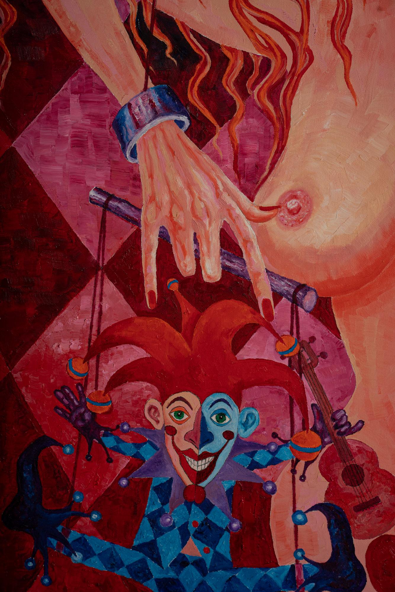 The painting is a reflection on a philosophical idea of not always having control over one’s life. The two halves of the painting suggest that the reality of what is happening may be an illusion, and the puppet master is someone else entirely. The
