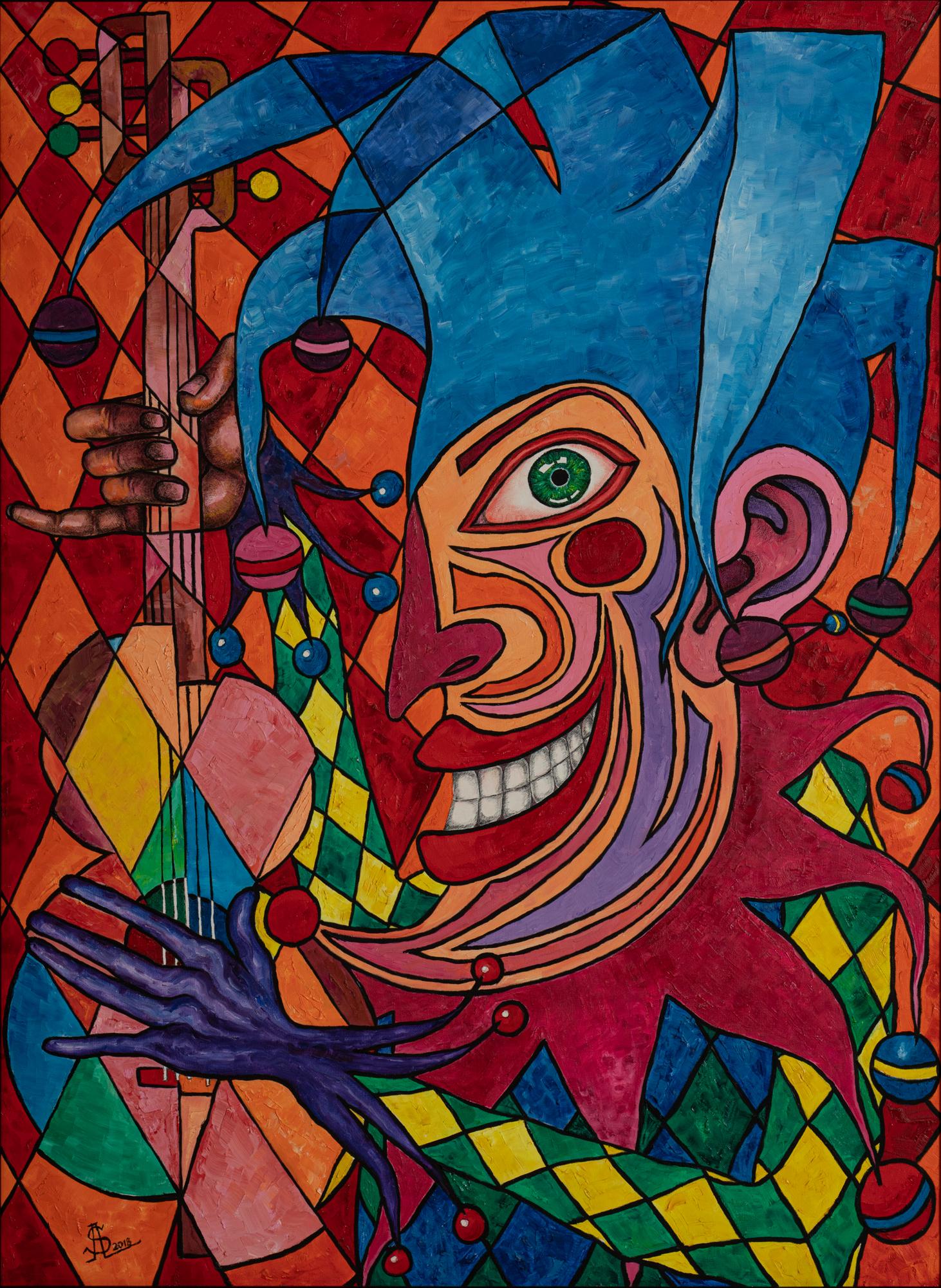 Sergiy Andreyev Abstract Painting - Jester In Blue  - Original Oil Painting 48" x 36"