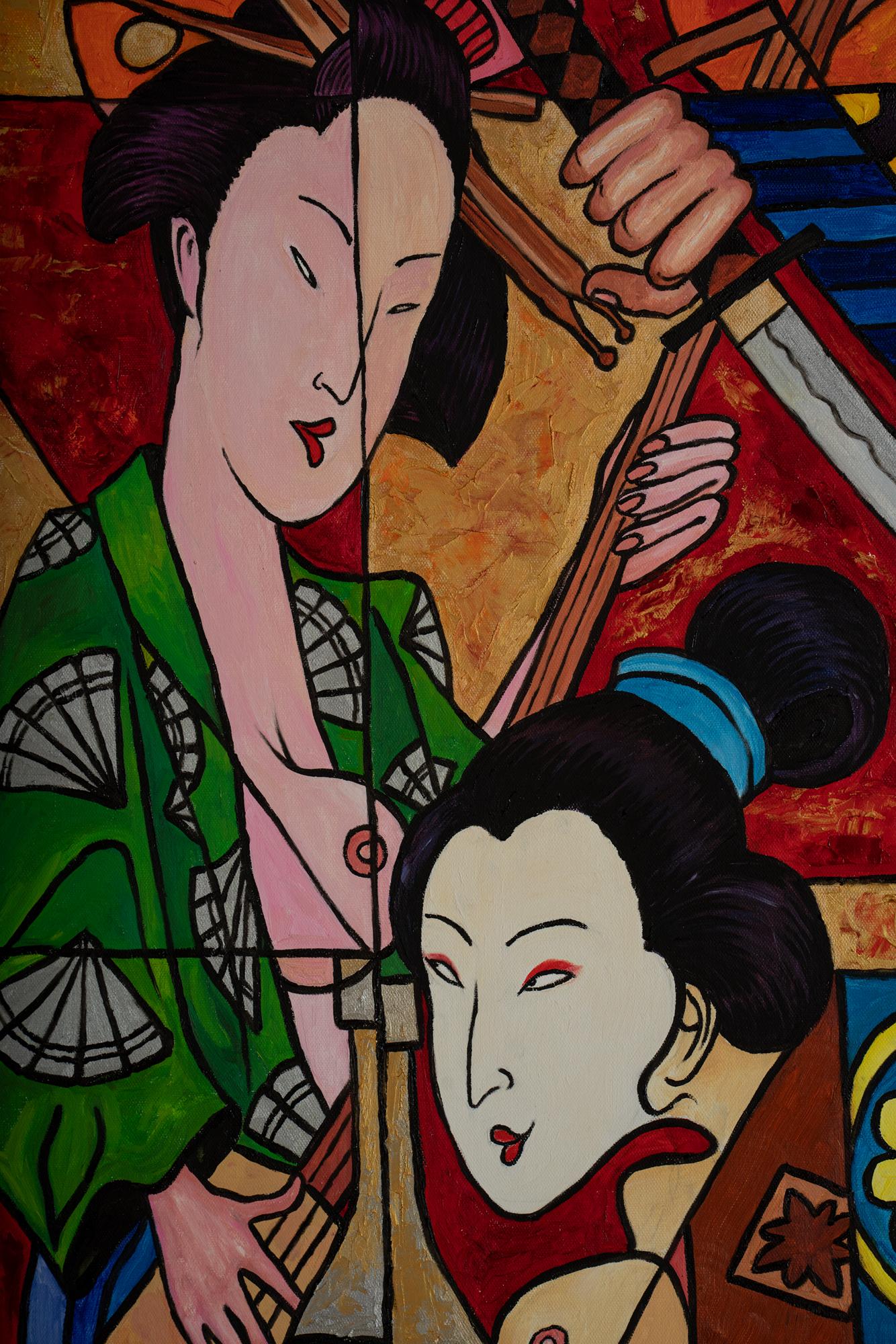 Questo dipinto si ispira a elementi giapponesi e include ornamenti decorativi tradizionali. Raffigura un samurai e due geishe che suonano musica e servono sake. I colori vivaci e la composizione del brano enfatizzano l'allegria della cultura del