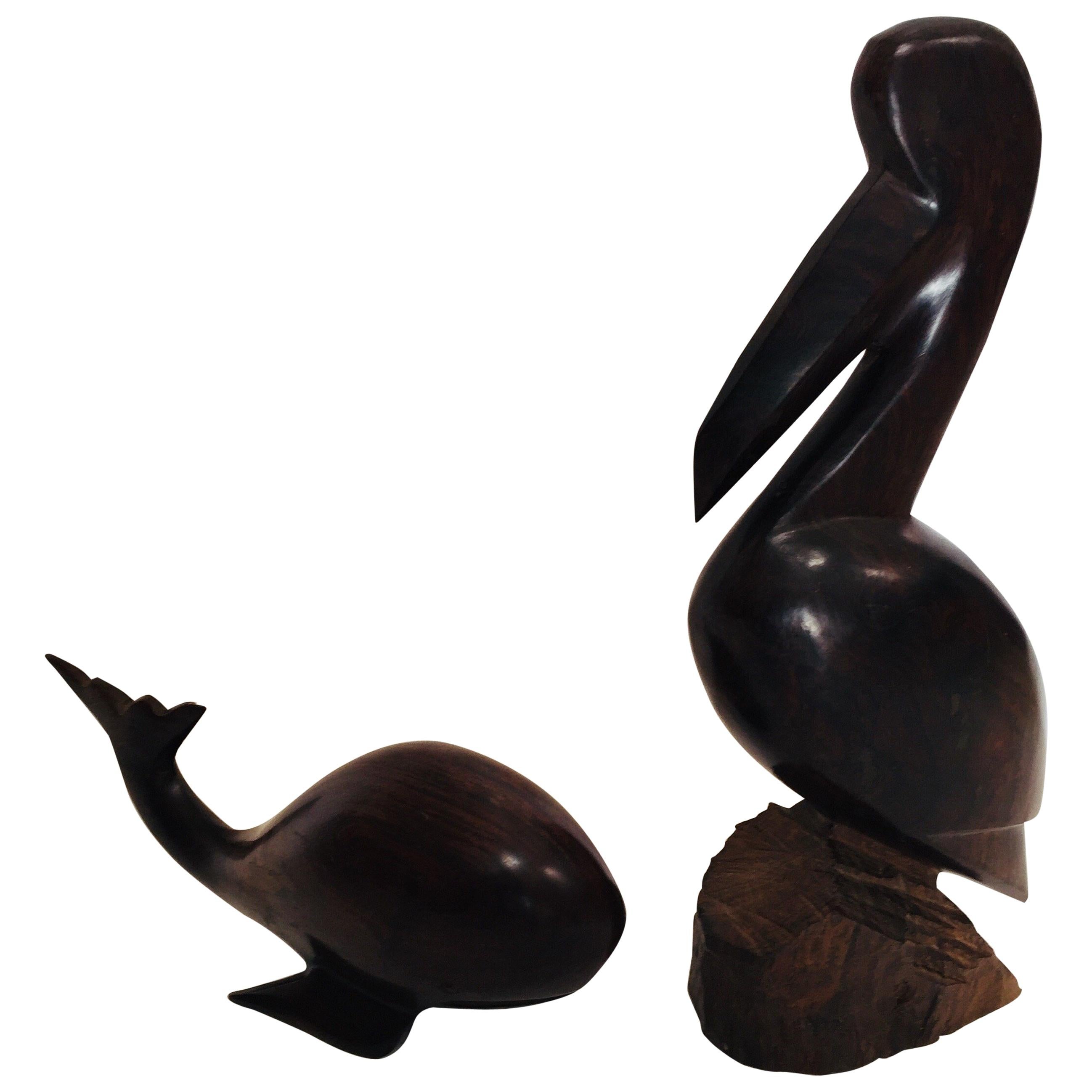 Seri Ironwood Animal Sculptures of a Pelican and a Whale