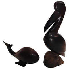 Seri Ironwood Animal Sculptures of a Pelican and a Whale