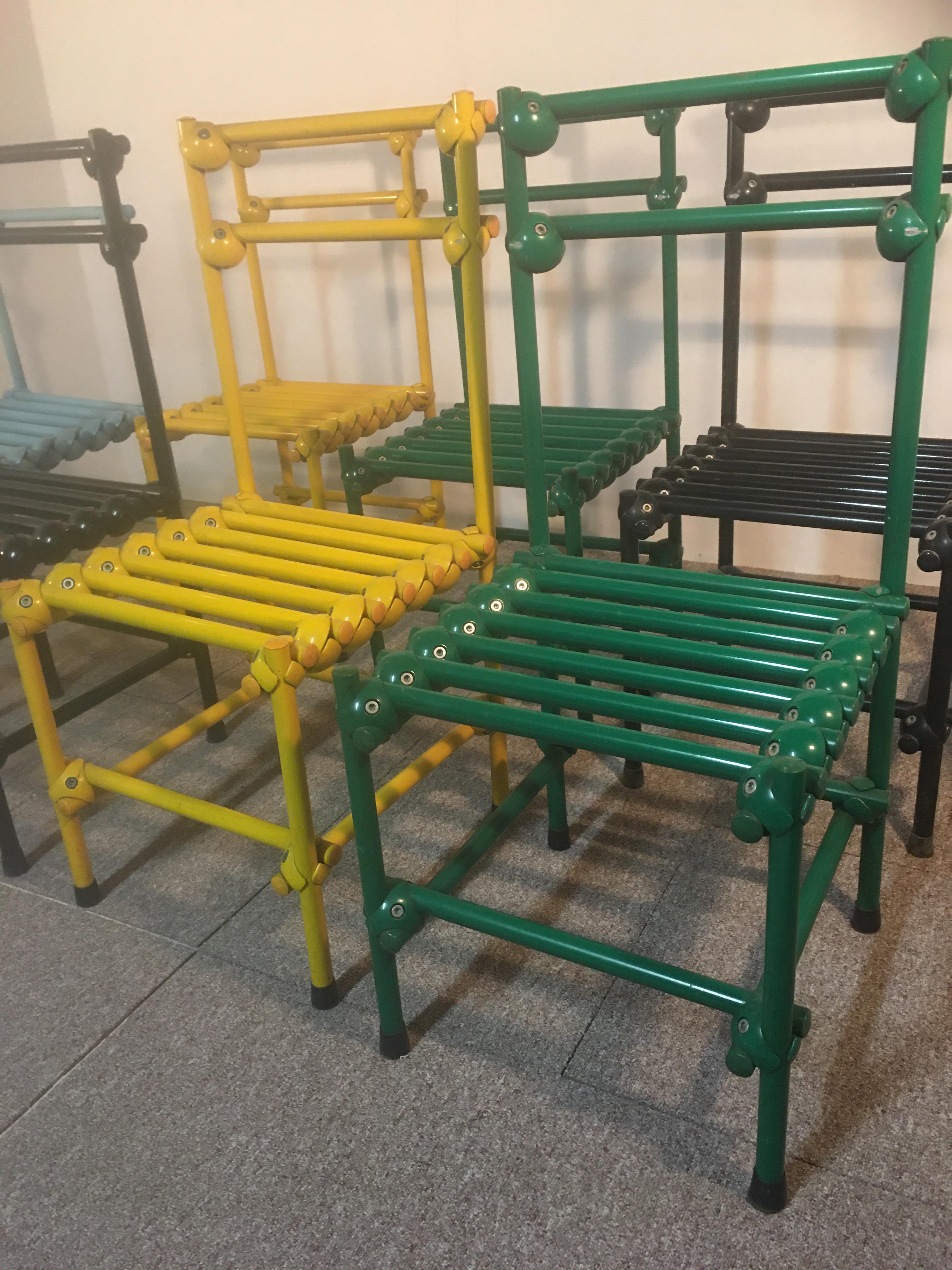 Serie 8 Mecano chairs, color, italy, 80 th.
Chairs made like industrial furniture, that's why they are very original. There is only one cushion model. The chairs are black, light blue, yellow, green.
The chairs are strong, but not perfect.