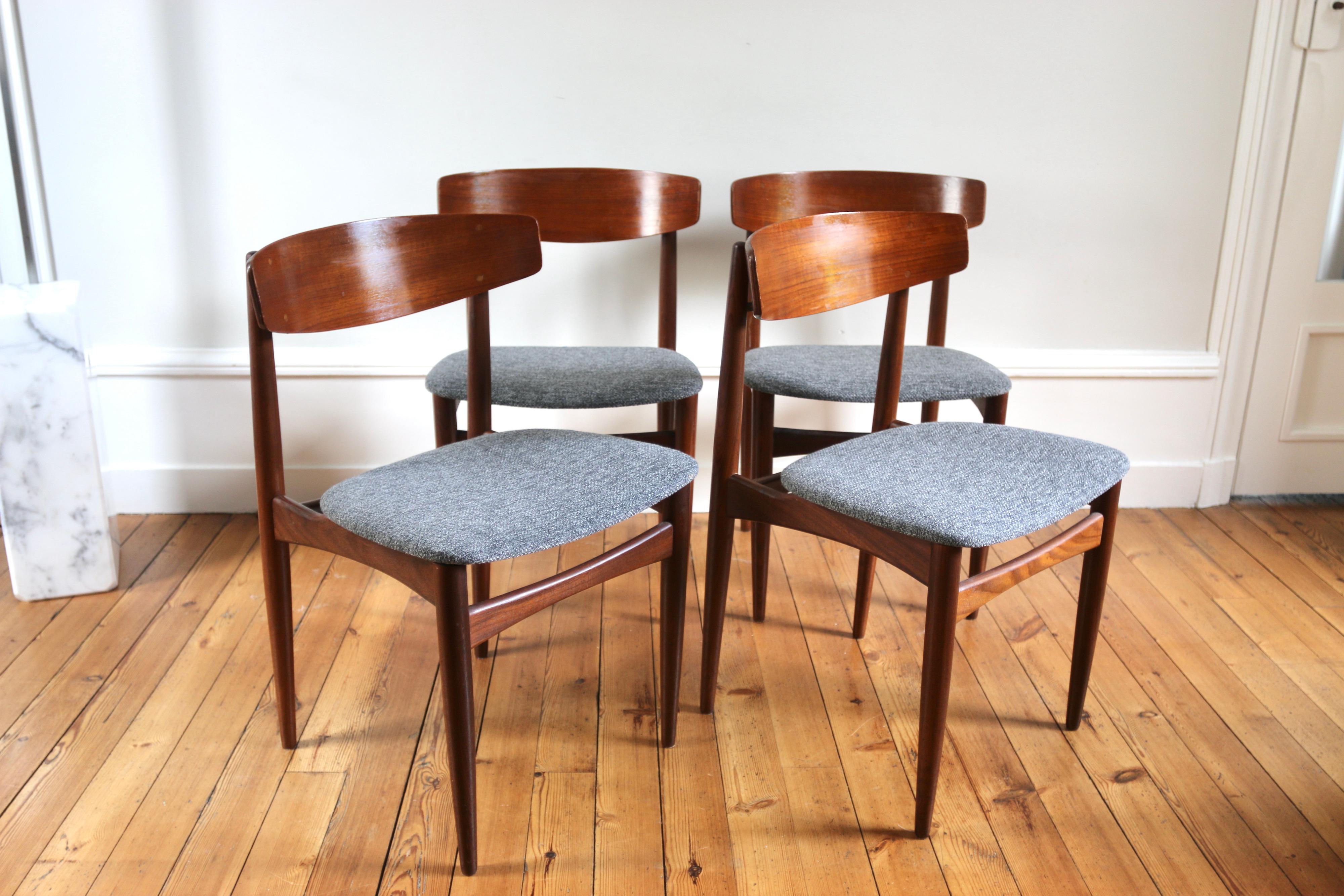 Scandinavian Modern Série de 4 chaises scandinaves teck vintage H.W Klein 1960