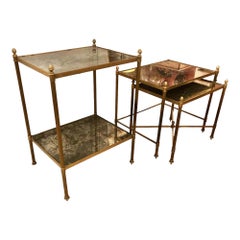 French 20th Century by Maison Jansen Brass and Glass Nesting Tables