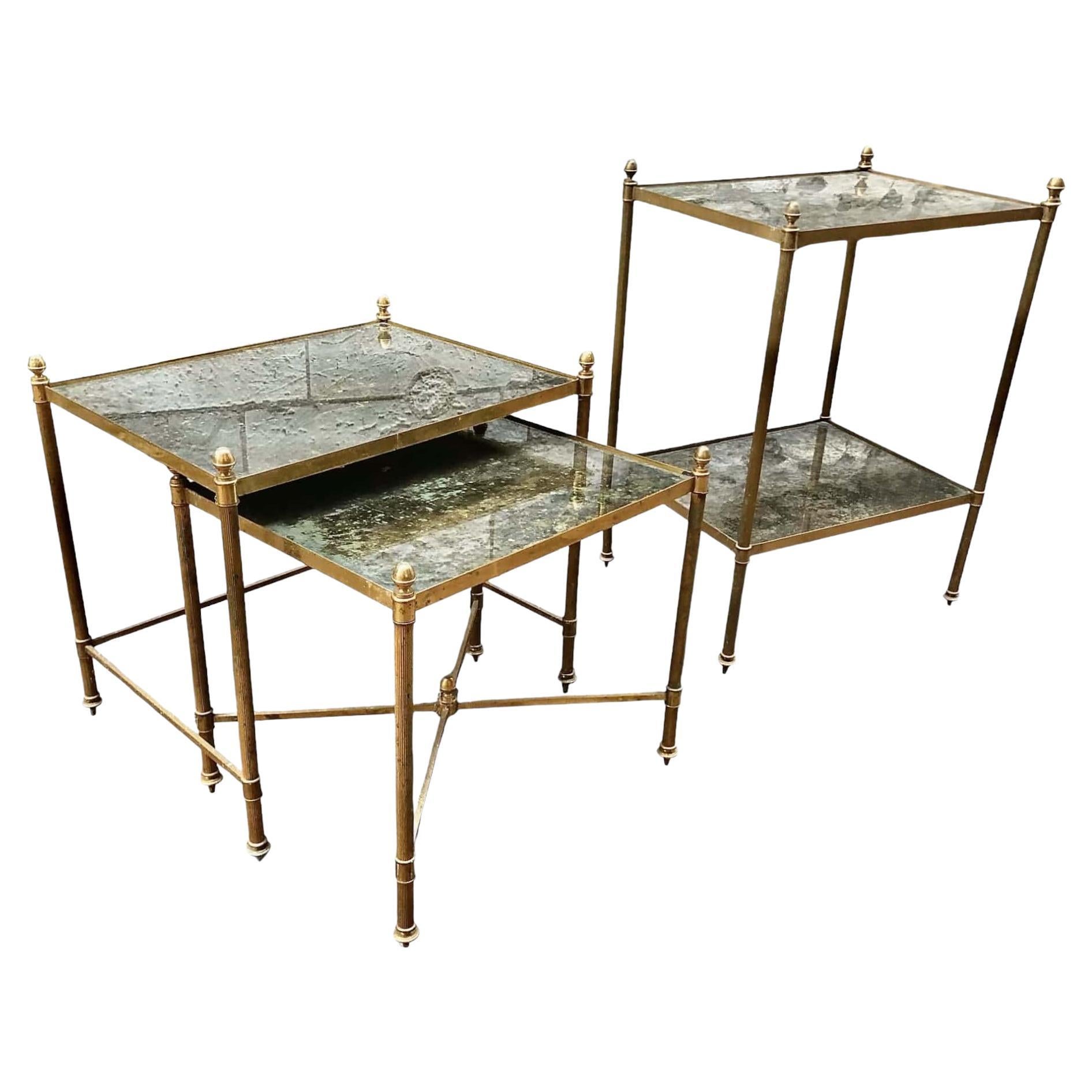 French 20th Century by Maison Jansen Brass and Glass Nesting Tables