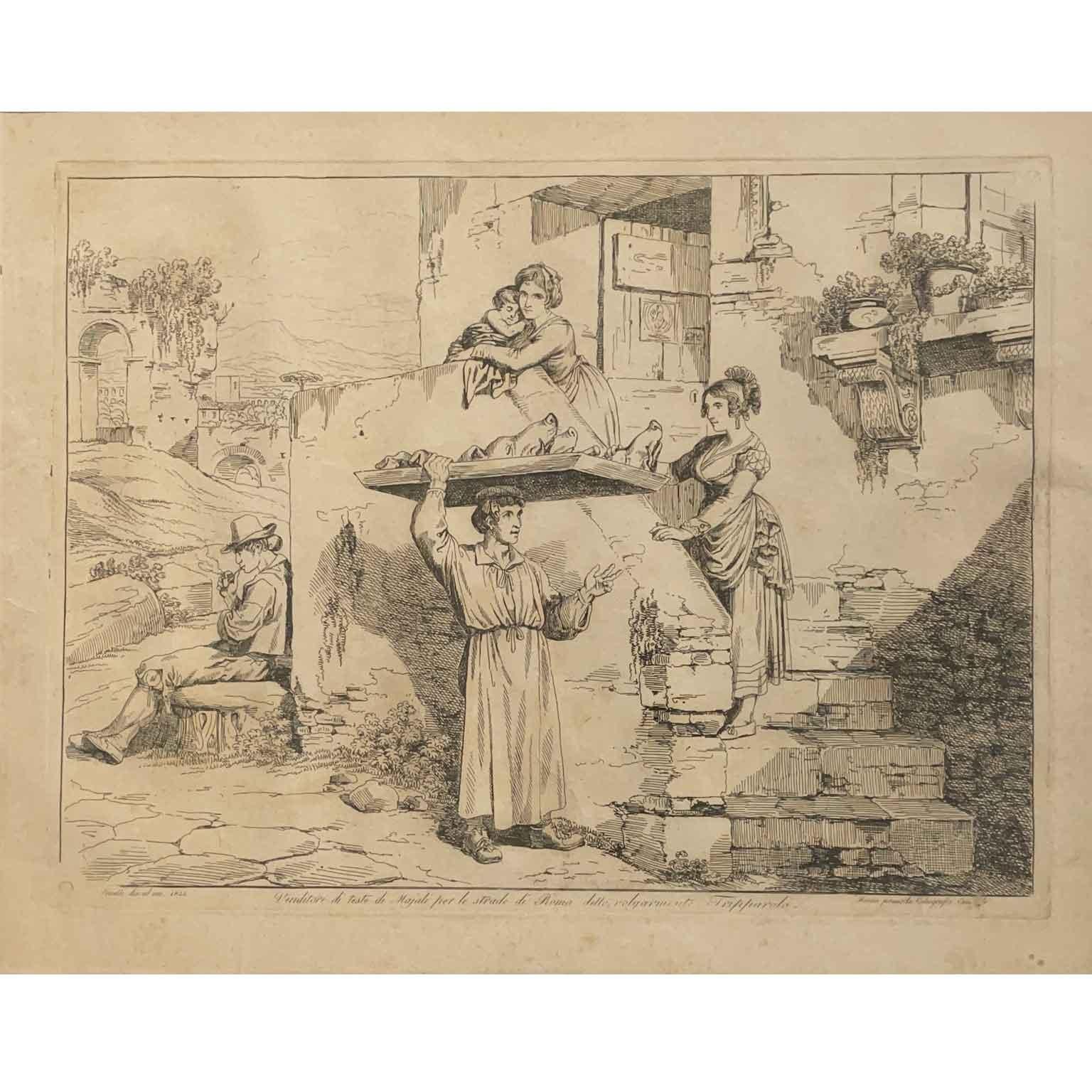 Series of Six Italian Prints with Picturesque Roman Costumes by Pinelli 1831  In Good Condition For Sale In Milan, IT
