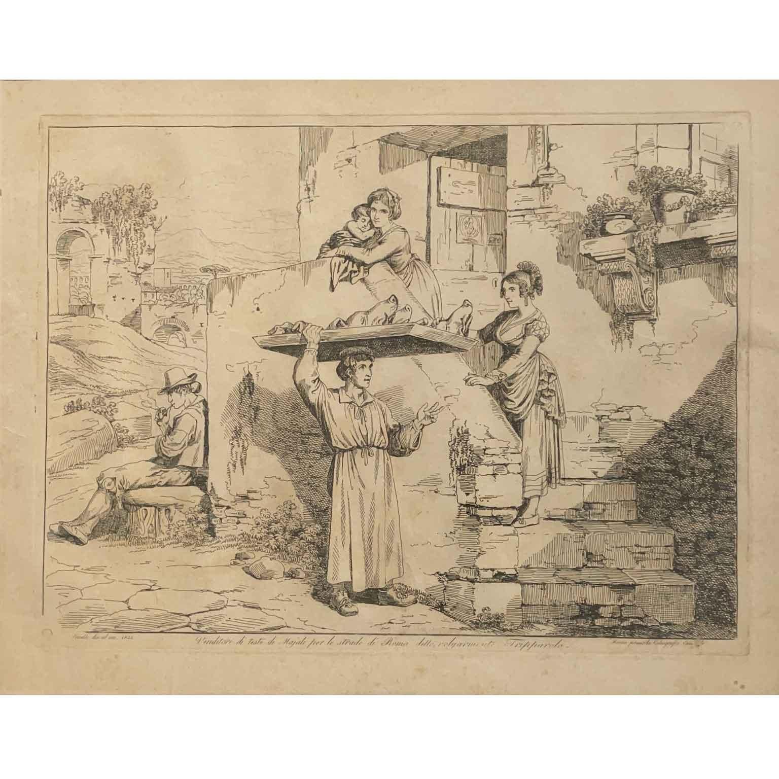 Serie de seis estampas italianas con trajes romanos pintorescos de Pinelli 1831 en Bueno estado para la venta en Milano, MI