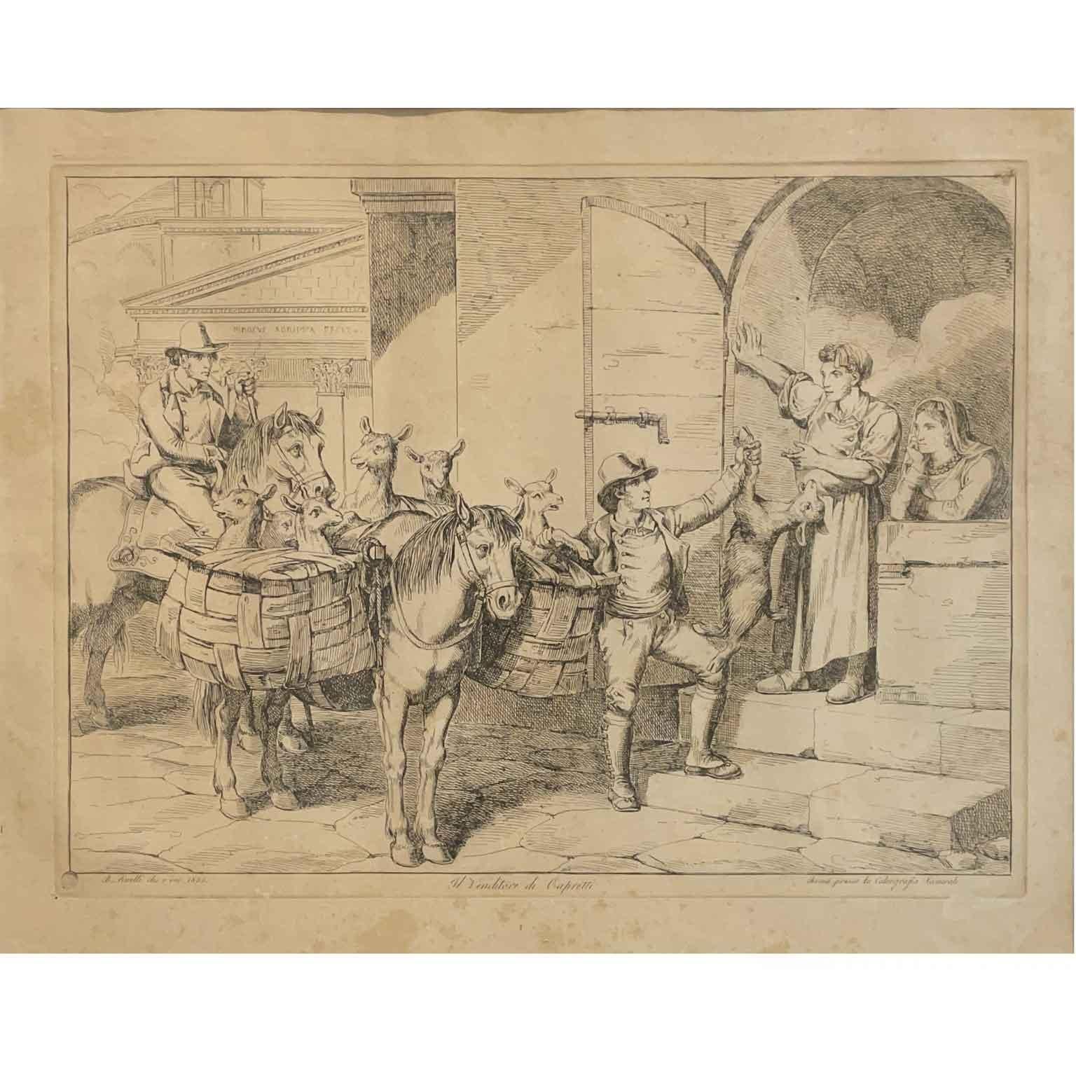 Serie von sechs italienischen Drucken mit malerischen römischen Kostümen von Pinelli 1831  (Mid-19th Century) im Angebot