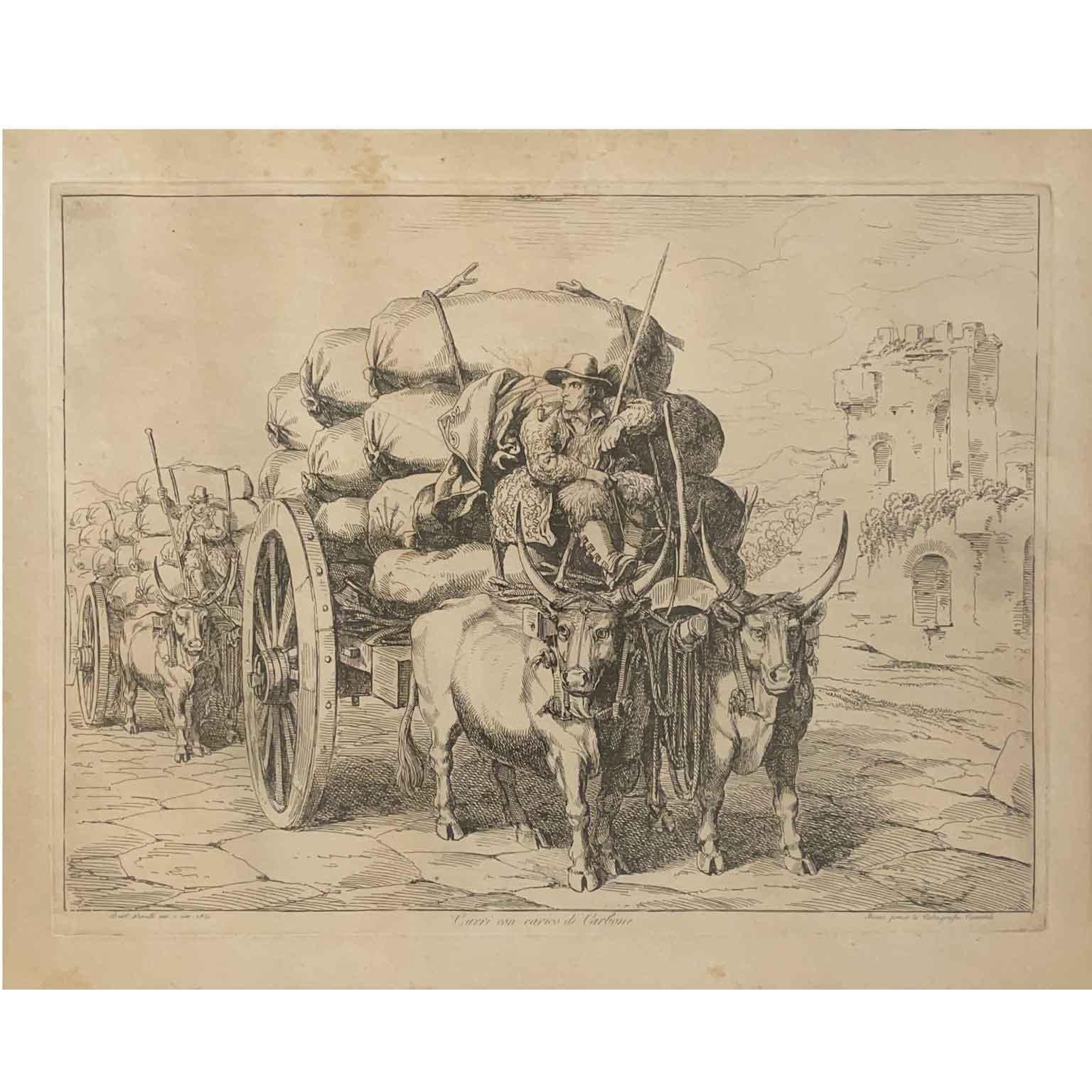 Serie von sechs italienischen Drucken mit malerischen römischen Kostümen von Pinelli 1831  (Laubholz) im Angebot