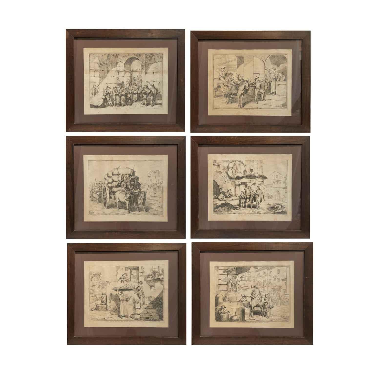 Serie von sechs italienischen Drucken mit malerischen römischen Kostümen von Pinelli 1831  im Angebot 1