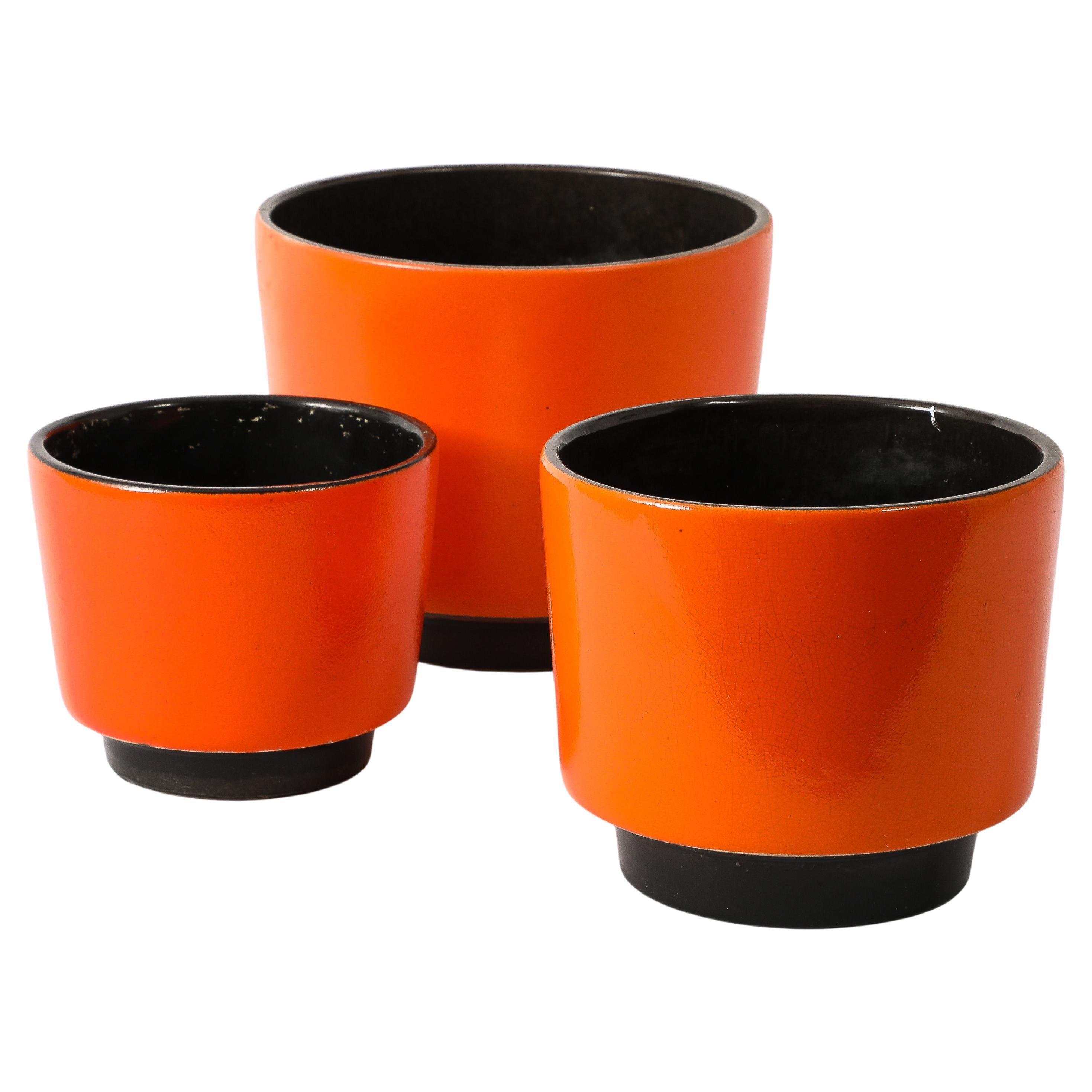 Serie of Three Orange & Black Cache Pots, France 1950's