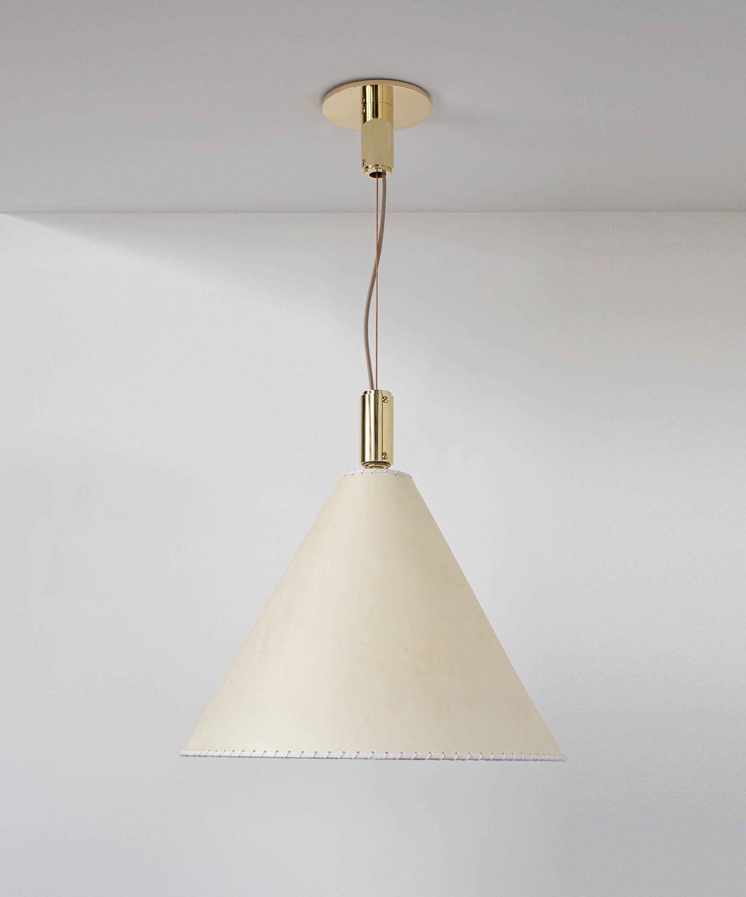 Bauhaus Series 02 Pendant, Polished Unlacquered Brass, Large Goatskin Parchment Shade For Sale