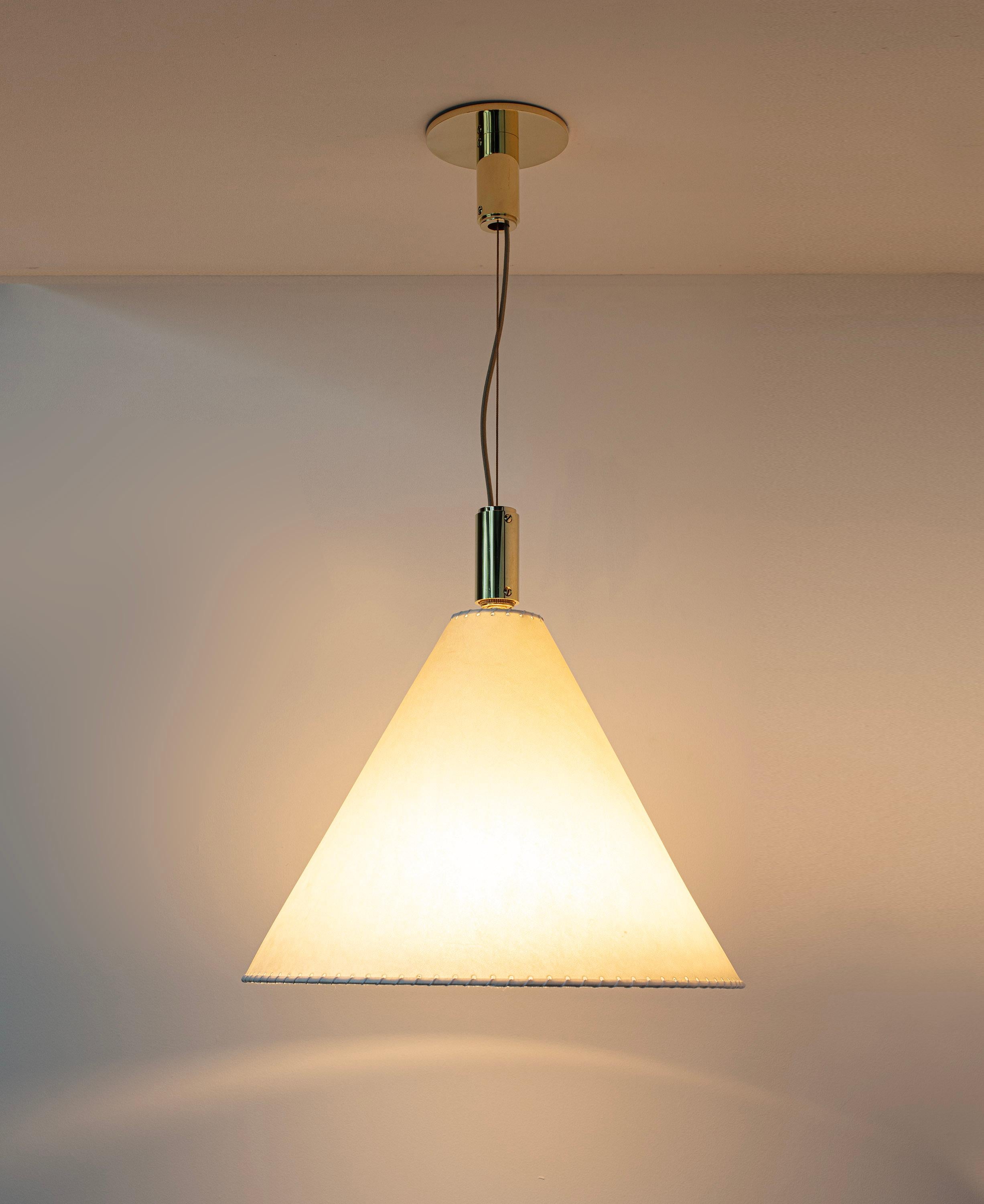 American Series 02 Pendant, Polished Unlacquered Brass, Large Goatskin Parchment Shade For Sale