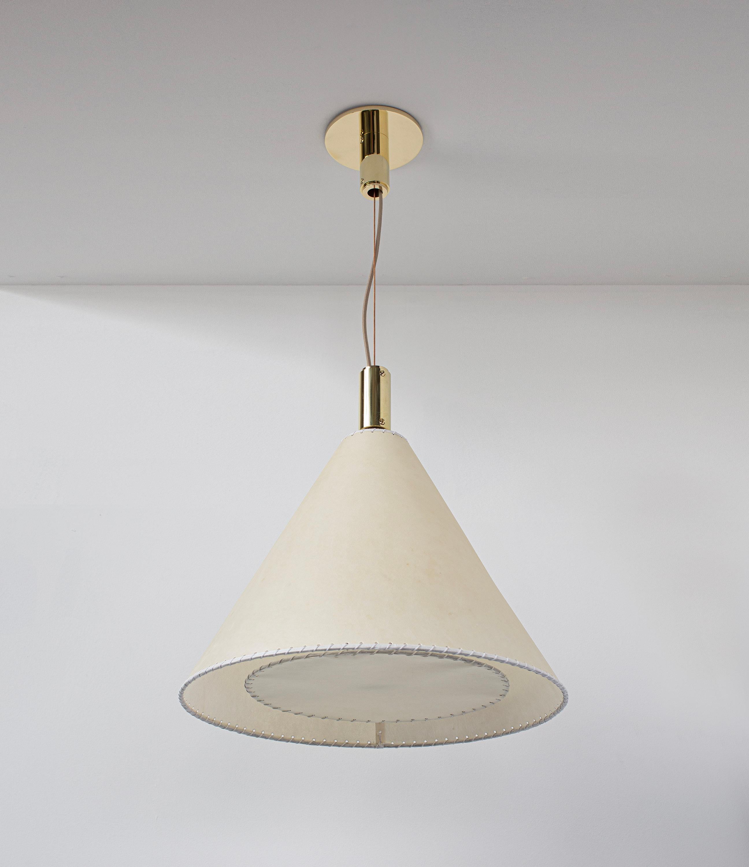 Series 02 Pendant, Polished Unlacquered Brass, Large Goatskin Parchment Shade In New Condition For Sale In Ozone Park, NY