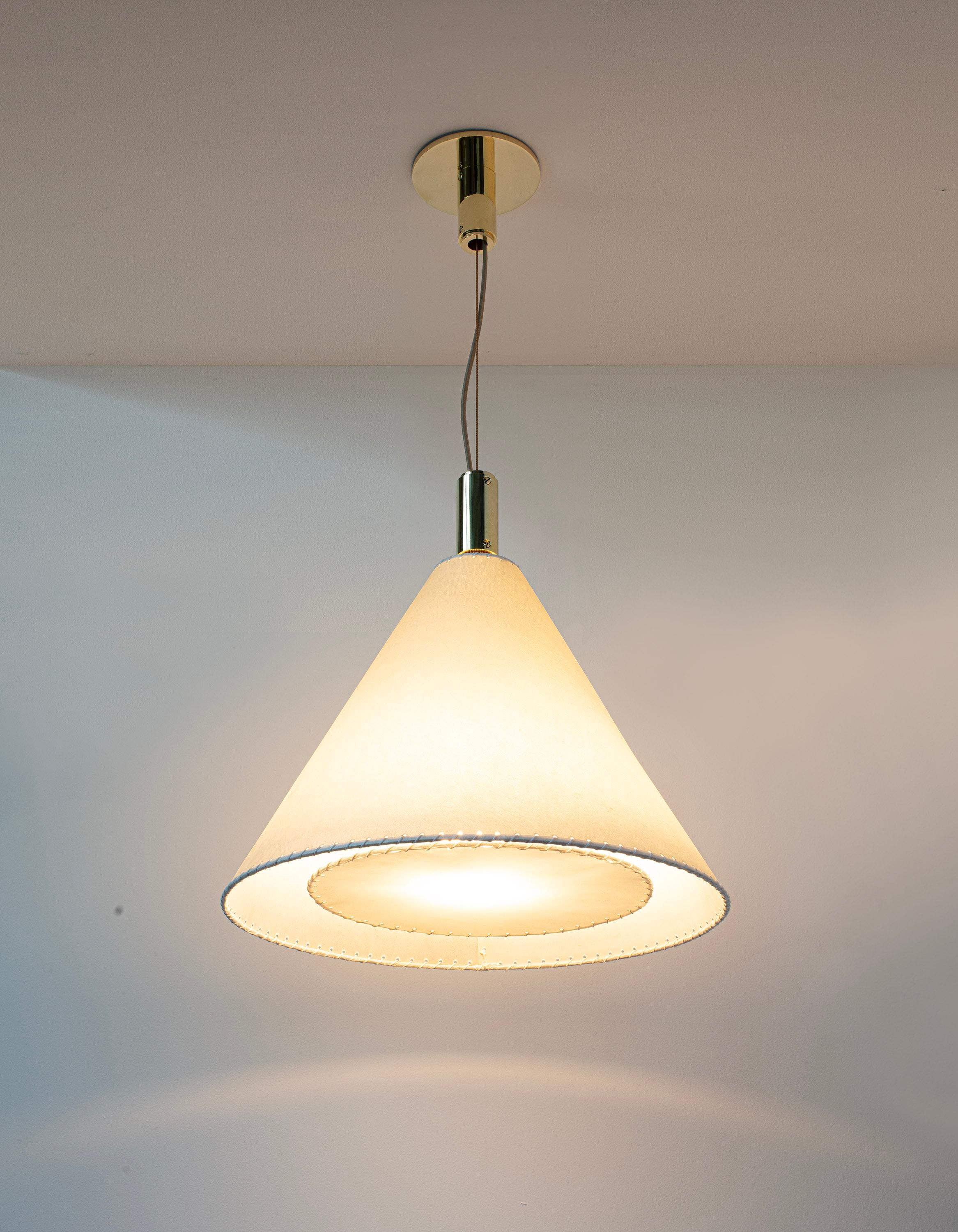 Contemporary Series 02 Pendant, Polished Unlacquered Brass, Large Goatskin Parchment Shade For Sale