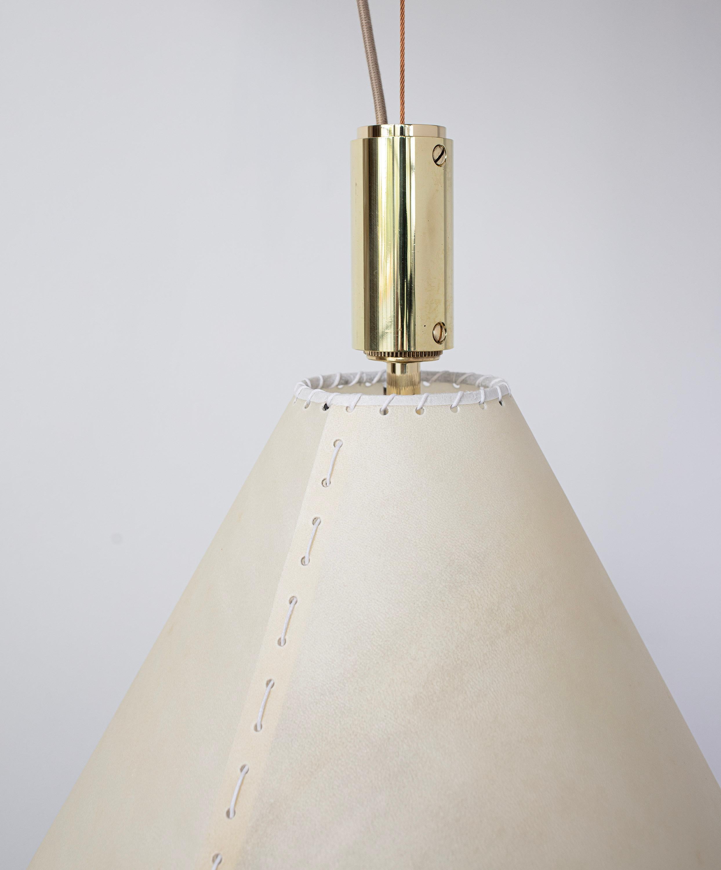 Series 02 Pendant, Polished Unlacquered Brass, Large Goatskin Parchment Shade For Sale 1