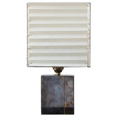 Series 03 Table Lamp, "Smoke" Patinated Brass, Stitched Goatskin Parchment Shade