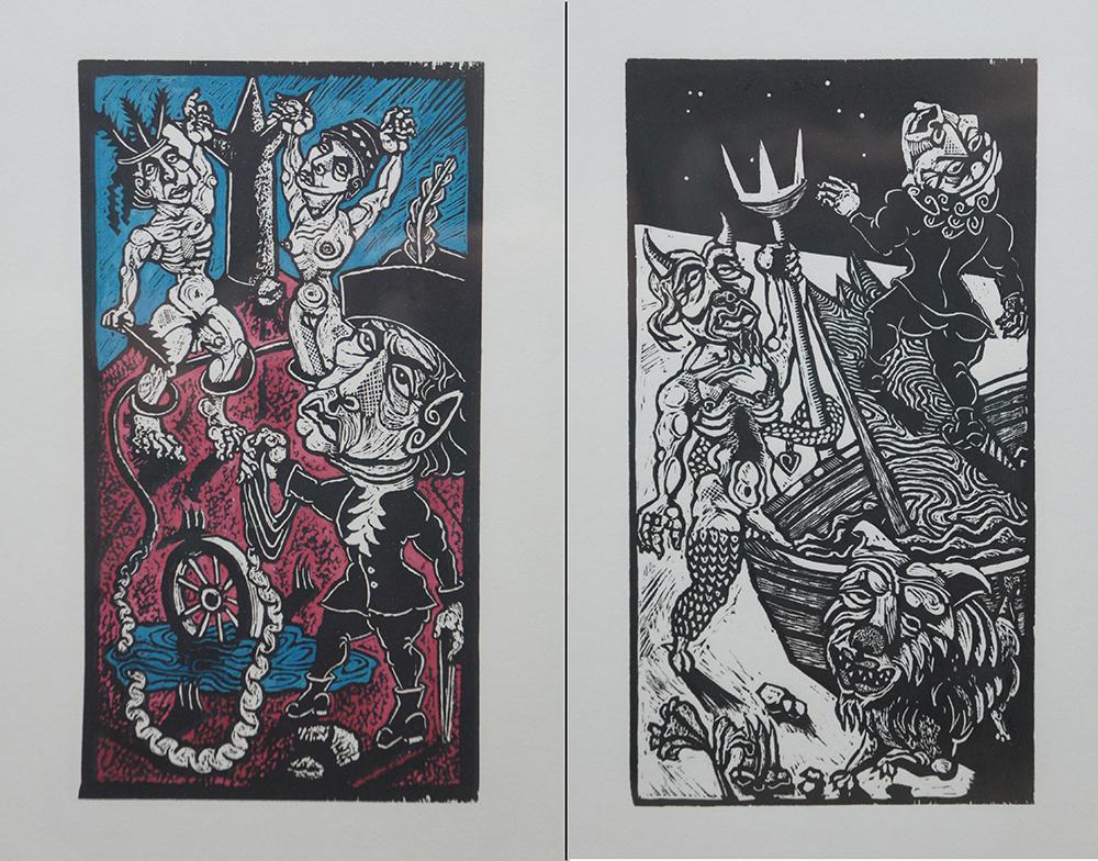 Late 20th Century Series of 11 Jay Bolton 1995 Outsider Art Woodcut Exhibit Art Prints For Sale
