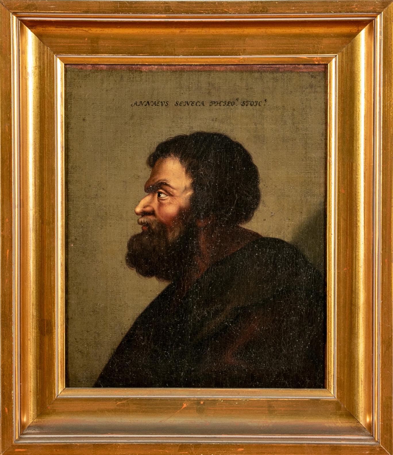 Series of 12 antique portraits of historical figures, circa 17th-18th century, oils on canvas, mainly Greek and Roman figures each identified above, including: Socrates, Aristotle, Solon, Heraclitus, Tales, Empedocles Philosofus, Pythagoras, Doctor